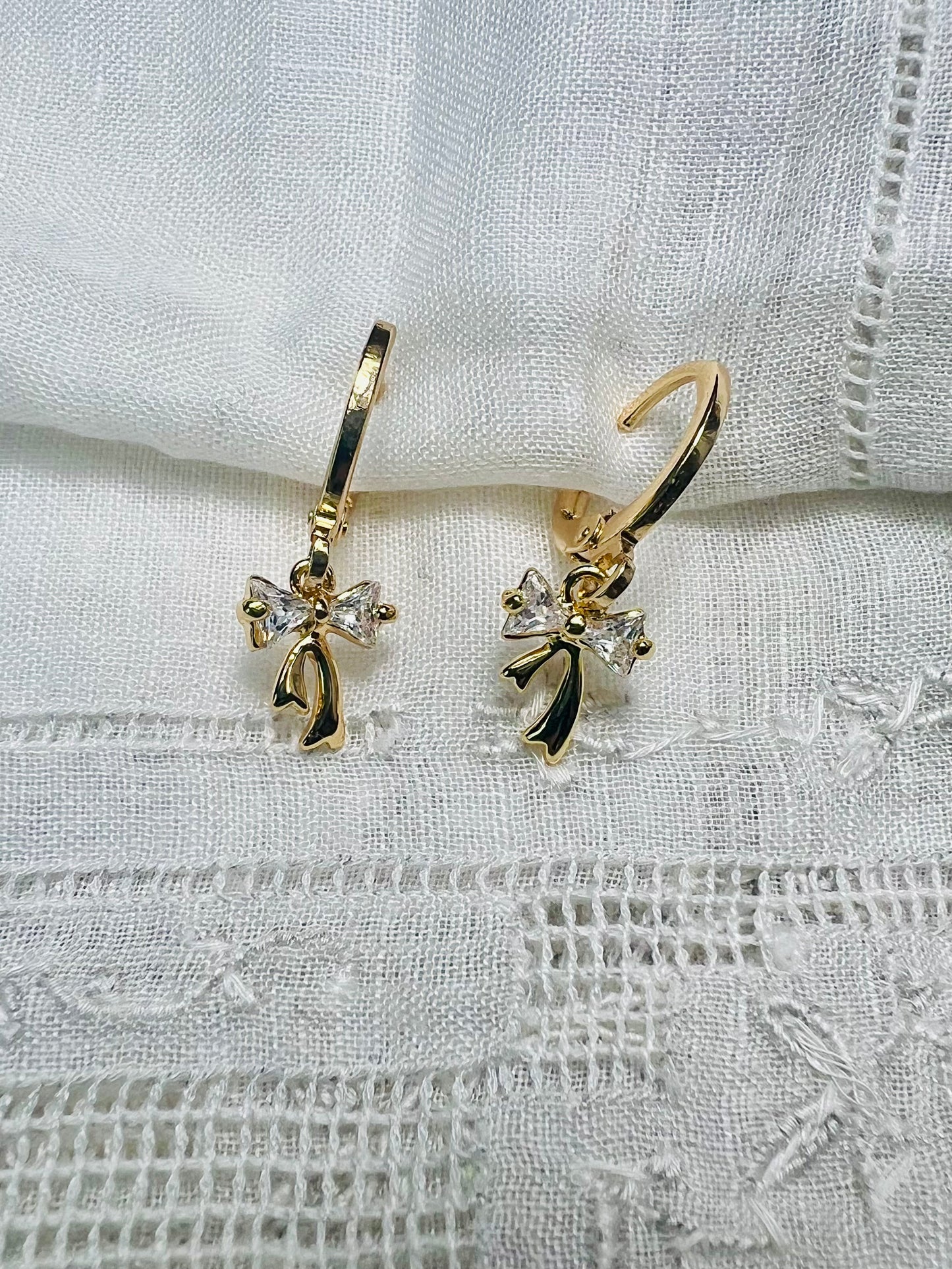 Gold Huggie Earrings with CZ Bow Charms, Dainty Coquette Jewelry, Ribbon Earrings