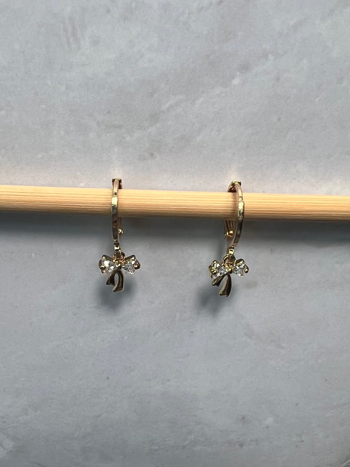 Gold Huggie Earrings with CZ Bow Charms, Dainty Coquette Jewelry, Ribbon Earrings