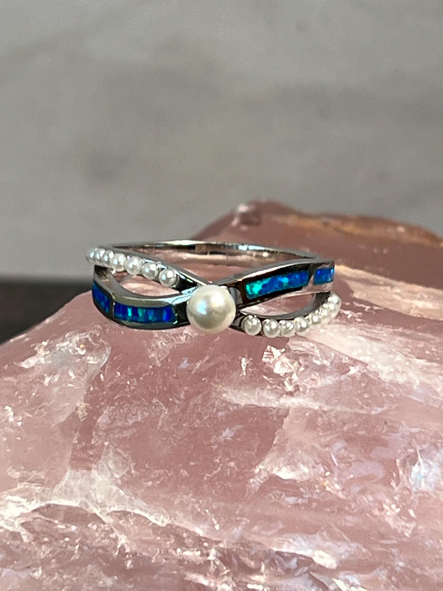 Blue Fire Opal Inlay Pearl Ring, Dainty Pearl Solitaire Ring, Minimalist Sterling Silver Jewelry - Jade Bear Gems