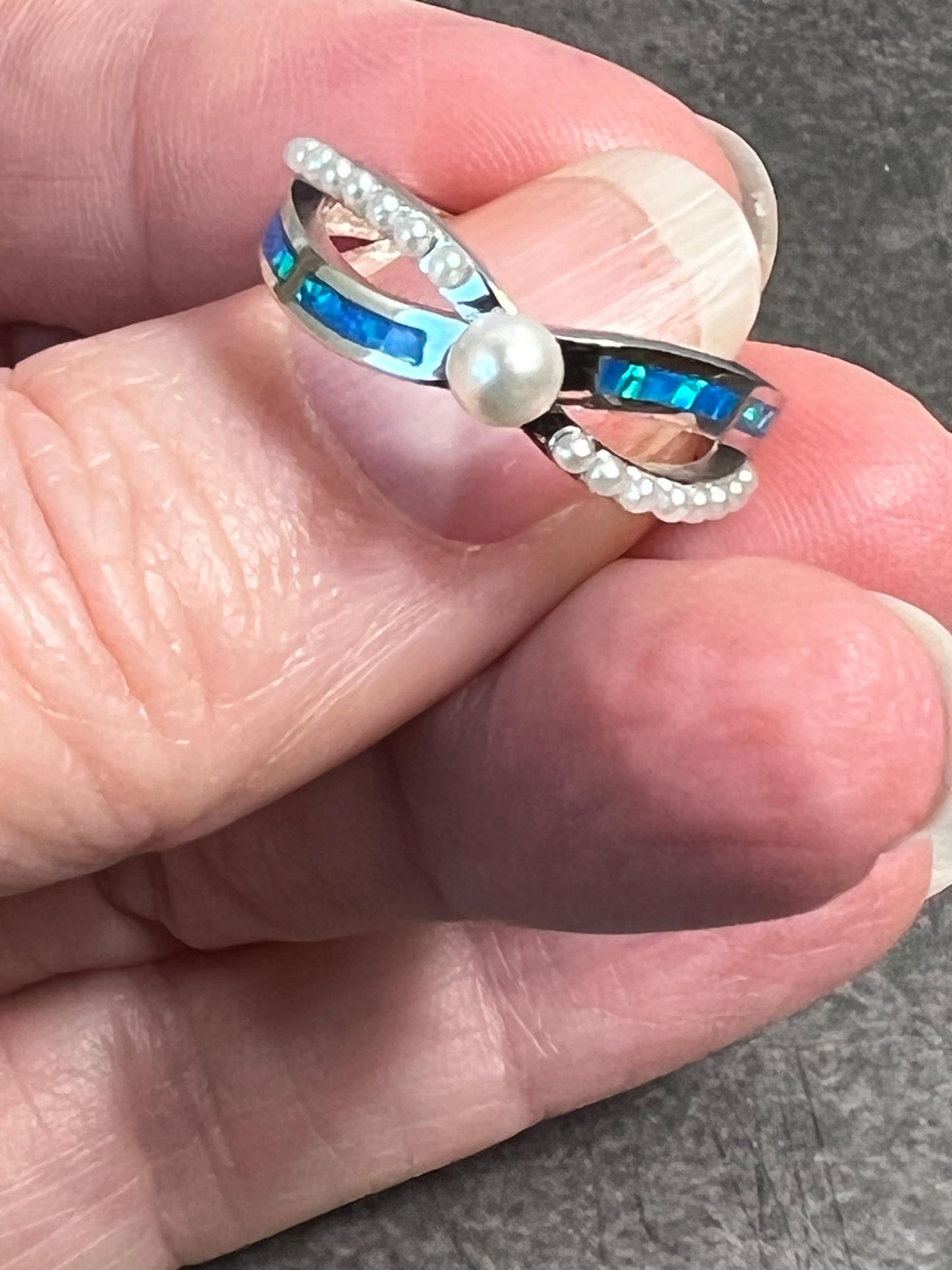 Blue Fire Opal Inlay Pearl Ring, Dainty Pearl Solitaire Ring, Minimalist Sterling Silver Jewelry - Jade Bear Gems
