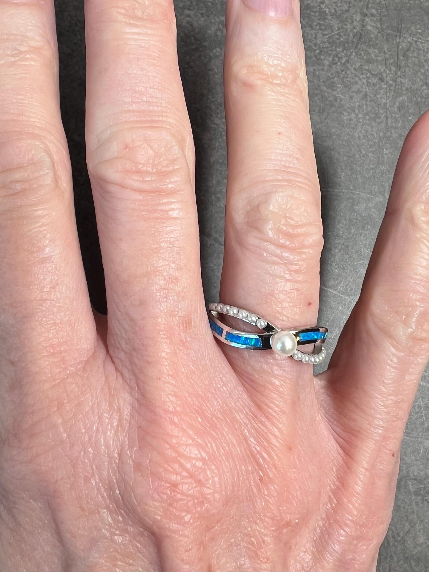 Blue Fire Opal Inlay Pearl Ring, Dainty Pearl Solitaire Ring, Minimalist Sterling Silver Jewelry - Jade Bear Gems