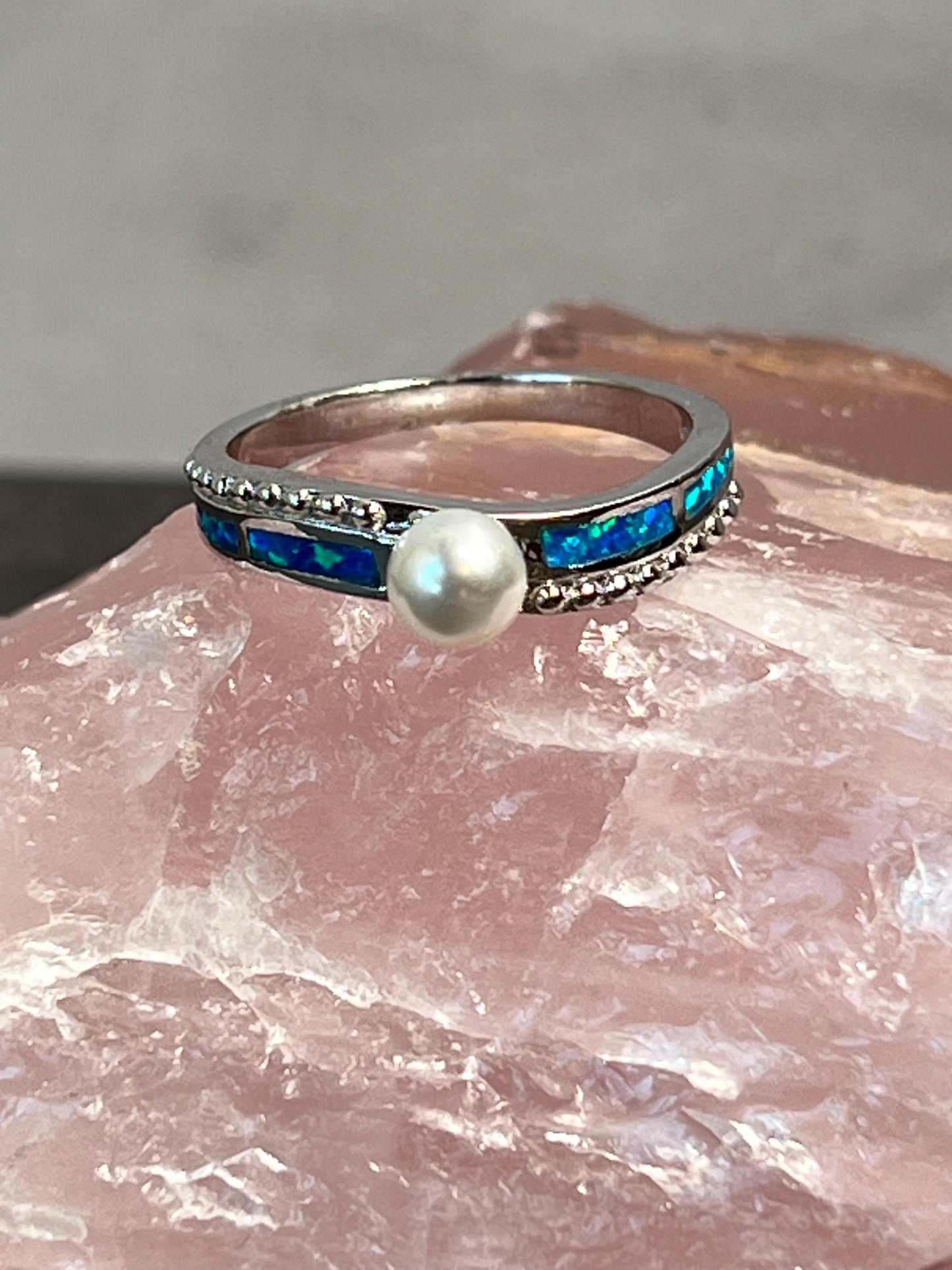 Blue Fire Opal Inlay Pearl Ring, Dainty Pearl Solitaire Ring, Minimalist Sterling Silver Jewelry - Jade Bear Gems