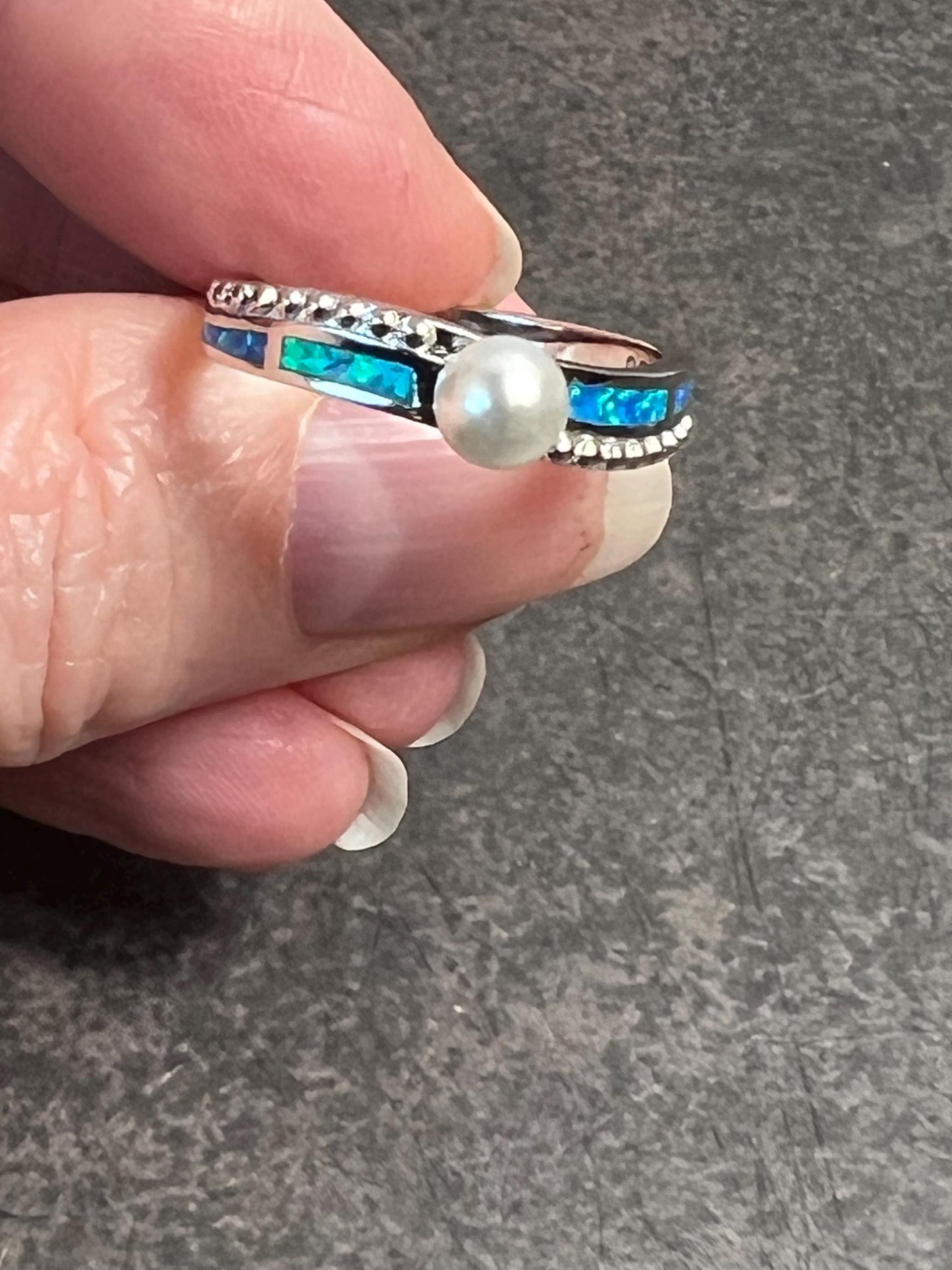 Blue Fire Opal Inlay Pearl Ring, Dainty Pearl Solitaire Ring, Minimalist Sterling Silver Jewelry - Jade Bear Gems