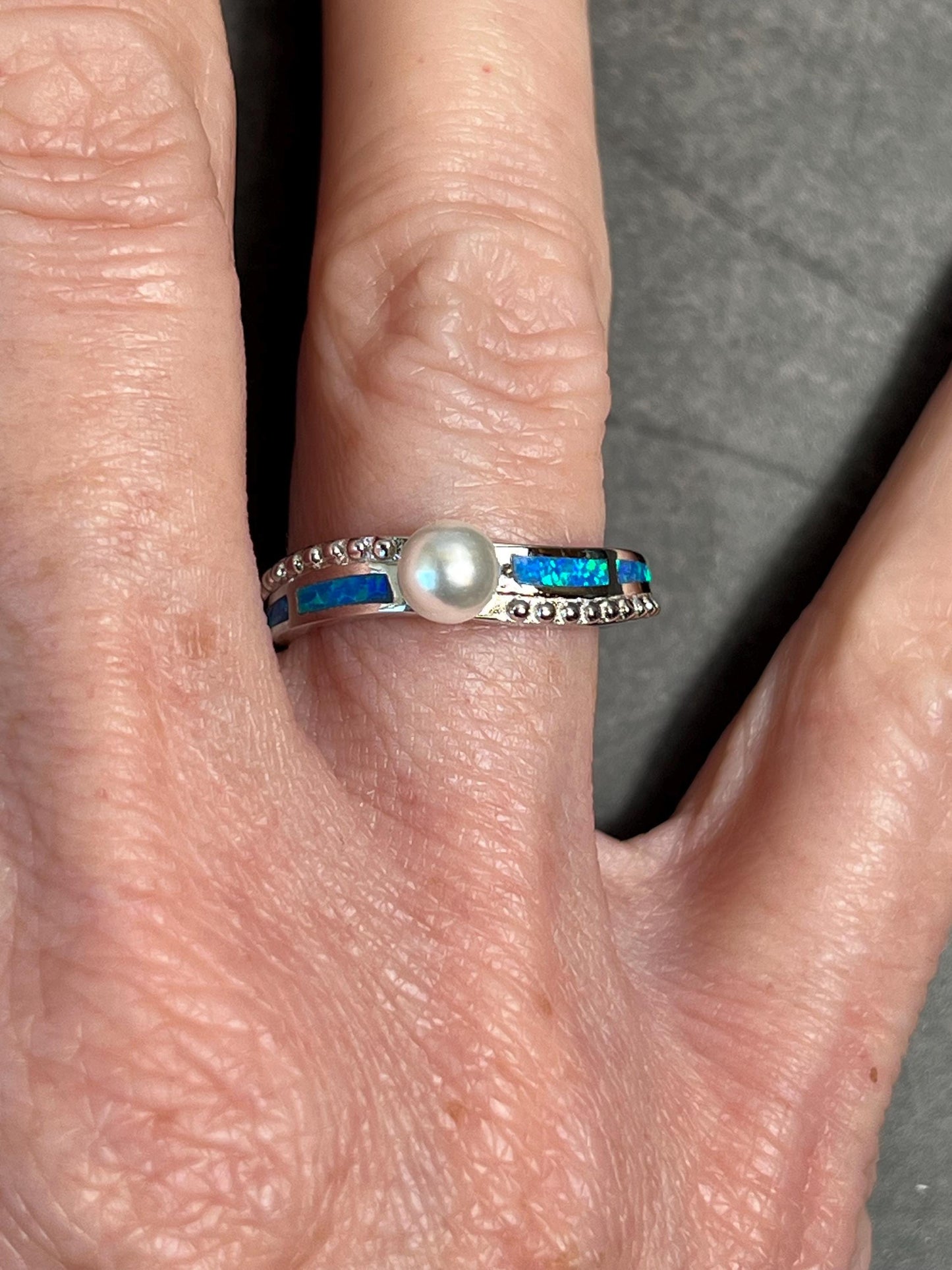 Blue Fire Opal Inlay Pearl Ring, Dainty Pearl Solitaire Ring, Minimalist Sterling Silver Jewelry - Jade Bear Gems