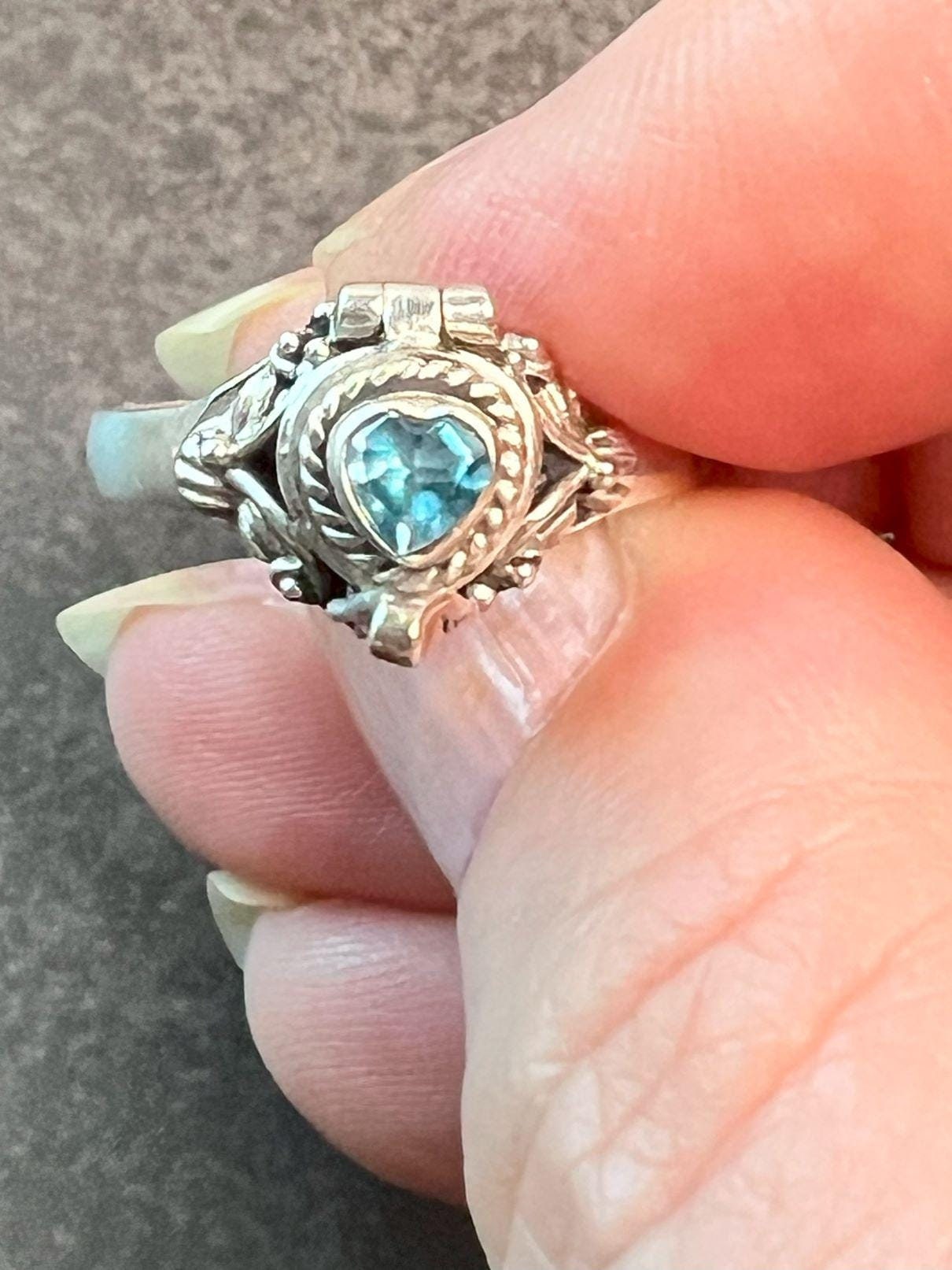 Blue Topaz Poison Ring, Vintage Poison Ring, Openable Ring, Silver Box Ring, Secret Ring, Poisoner Ring, 925 Sterling Silver, Heart Shaped - Jade Bear Gems
