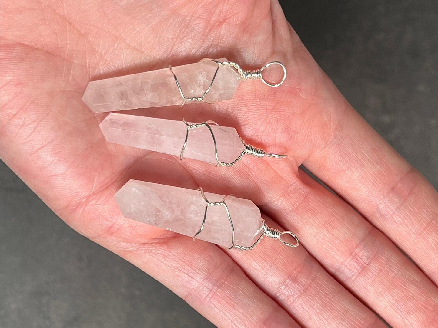 Crystal Necklace Silver Wire Wrap Rose Quartz Necklace, Crystal Point Jewelry Pendant, - Jade Bear Gems