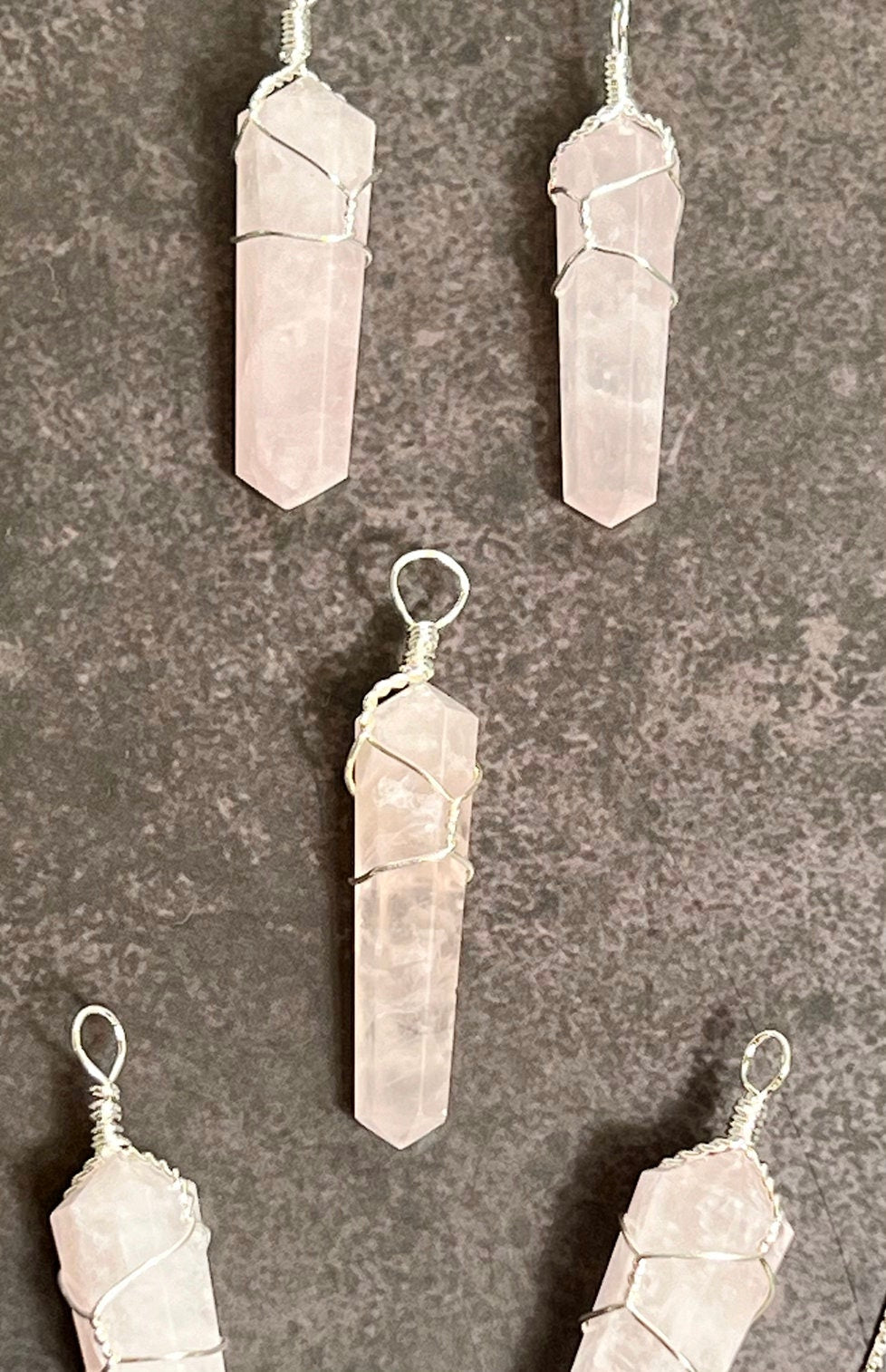 Crystal Necklace Silver Wire Wrap Rose Quartz Necklace, Crystal Point Jewelry Pendant, - Jade Bear Gems