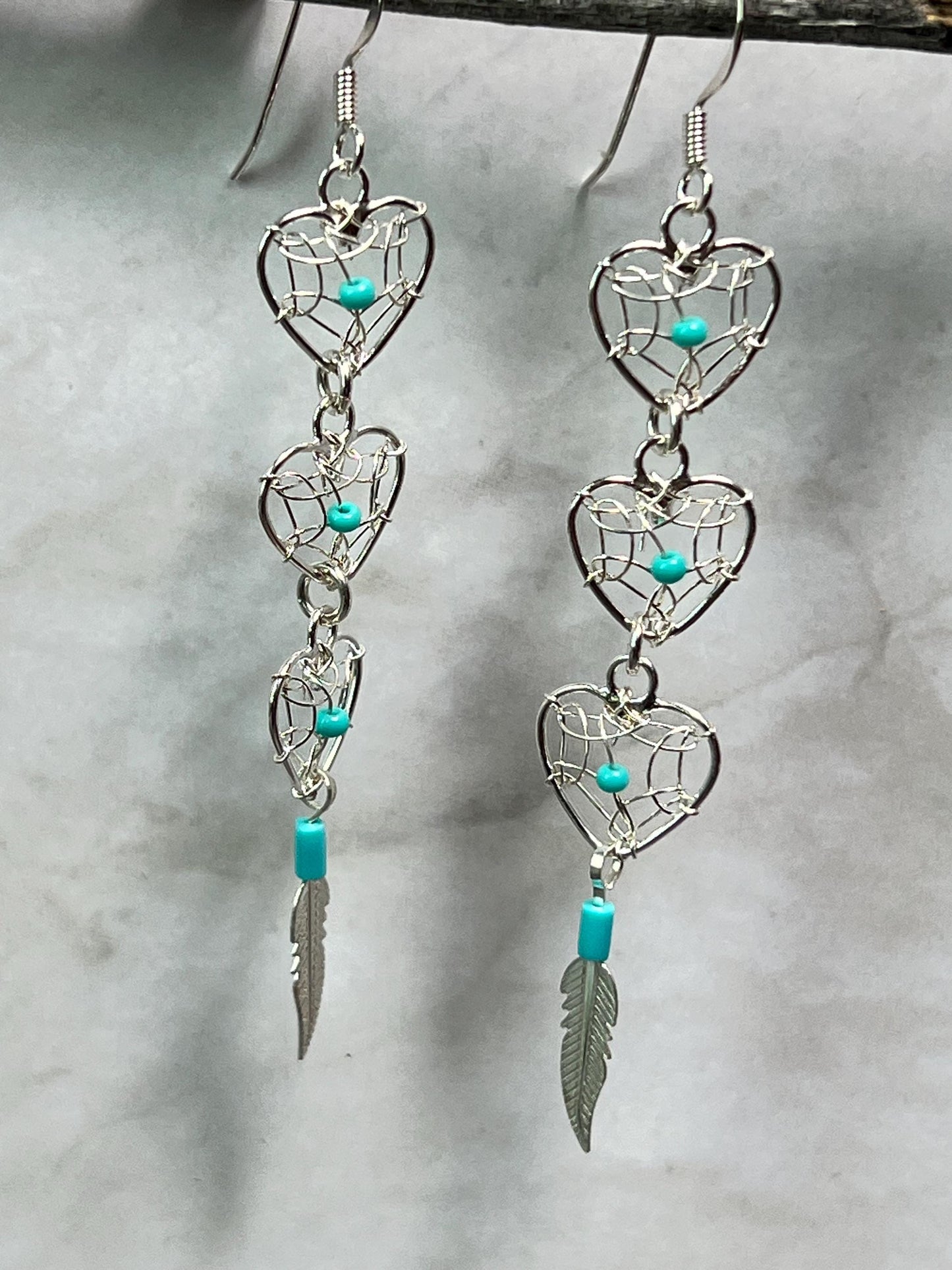 Dreamcatcher Turquoise Bead Heart Earrings Sterling Silver 925 Feather Accent Southwest Santa Fe Style - Jade Bear Gems