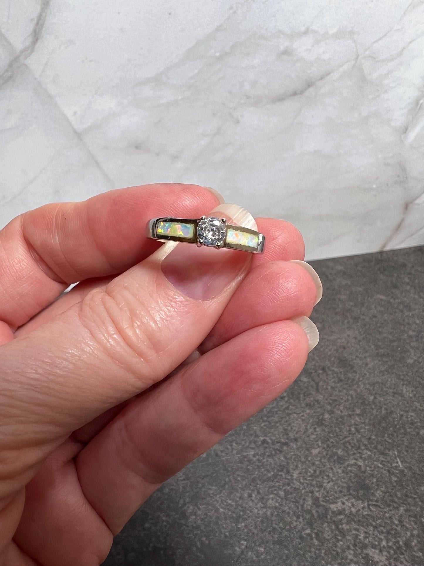 Fire Opal Inlay with Topaz Solitaire Ring, Promise Ring - Jade Bear Gems