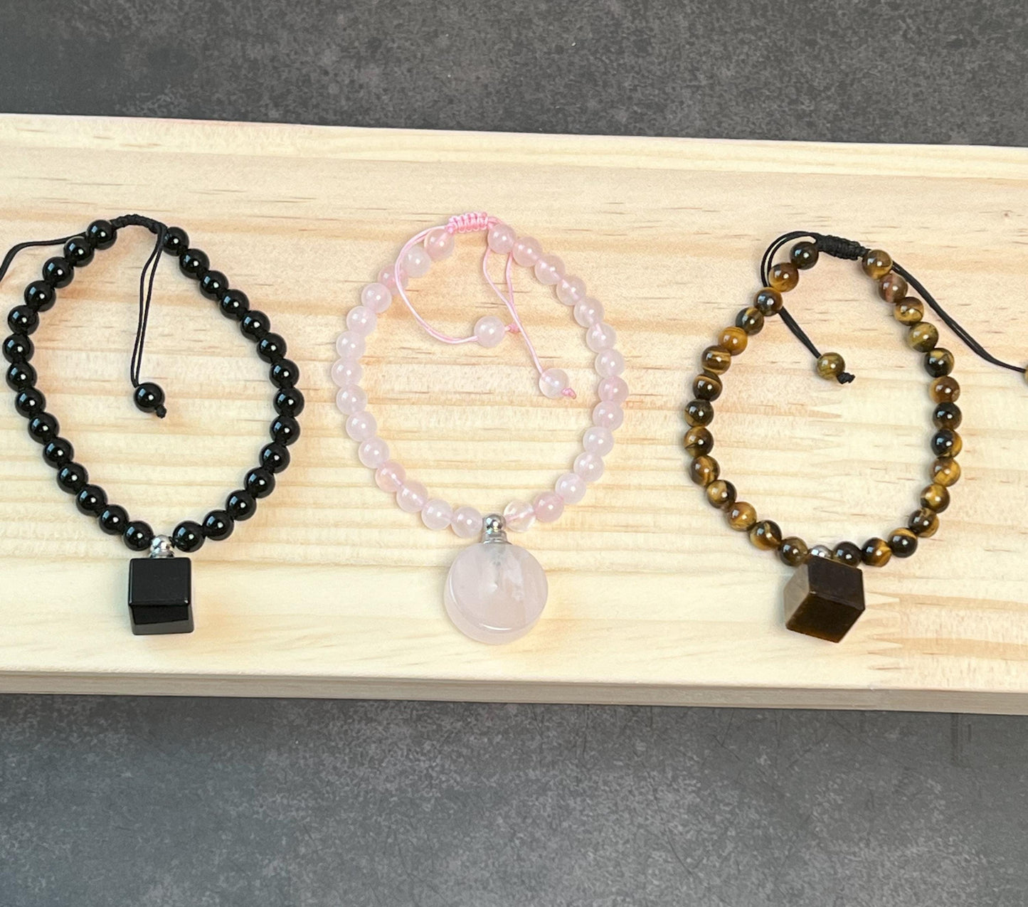 Gemstone Memorial Bracelet, Adjustable Natural Stone Bracelet with Vial, Tiger's Eye, Rose Quartz, Black Onyx - Jade Bear Gems