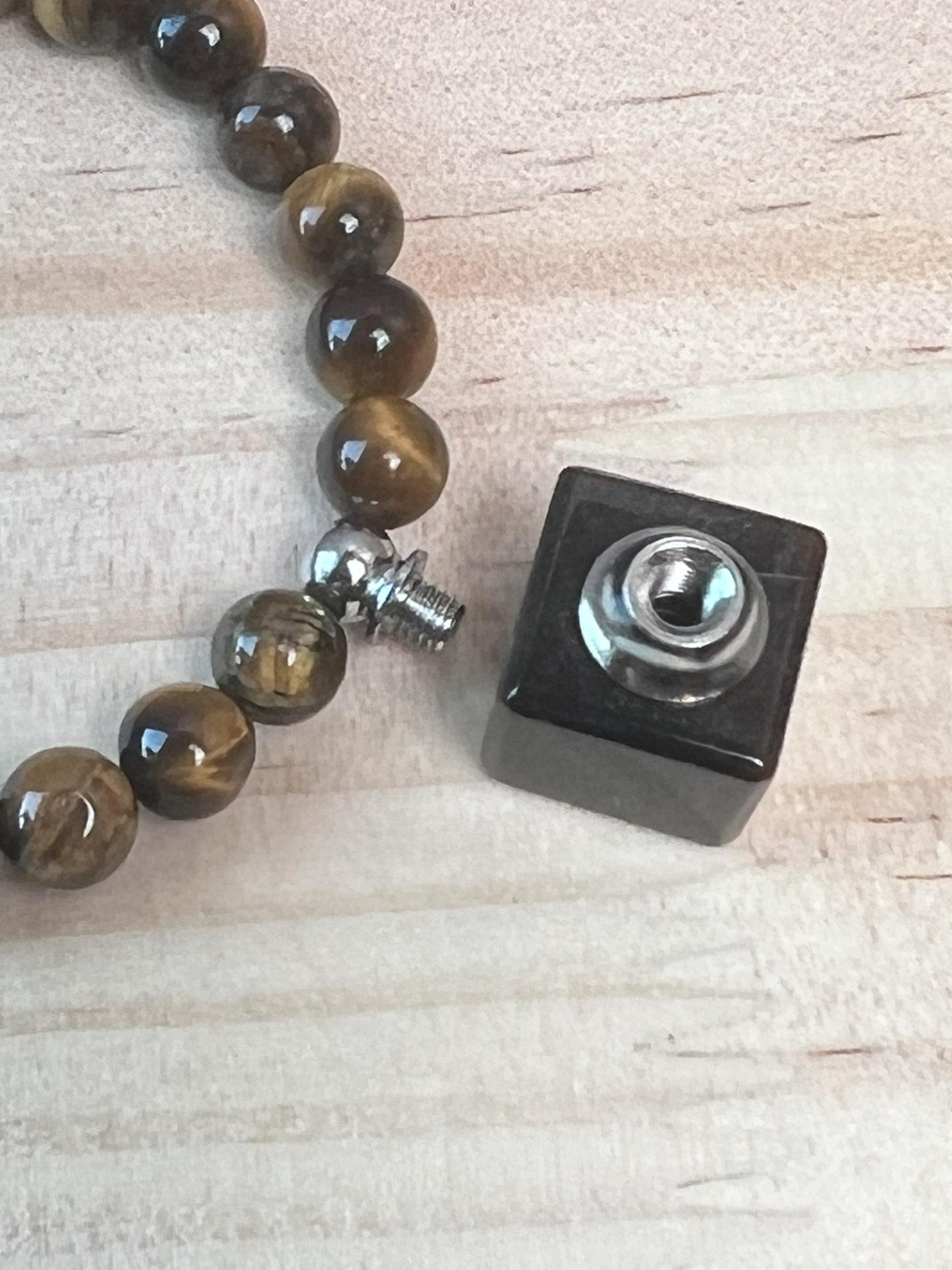 Gemstone Memorial Bracelet, Adjustable Natural Stone Bracelet with Vial, Tiger's Eye, Rose Quartz, Black Onyx - Jade Bear Gems