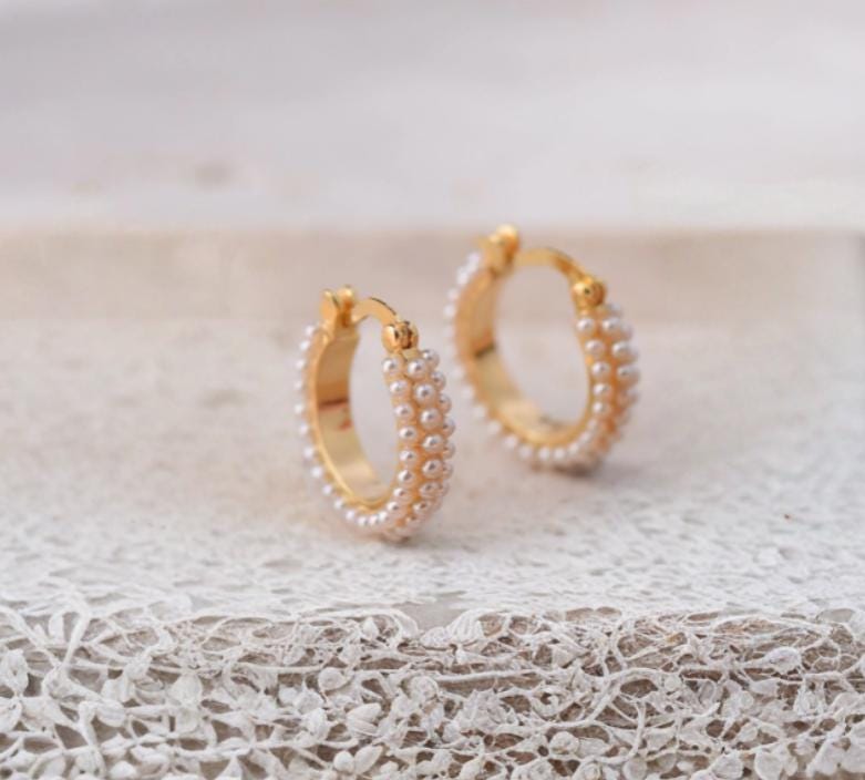 Gold Pearl Huggie Hoops, Perfect Wedding Earrings, Bridesmaids Jewelry, Gift for Her - Jade Bear Gems