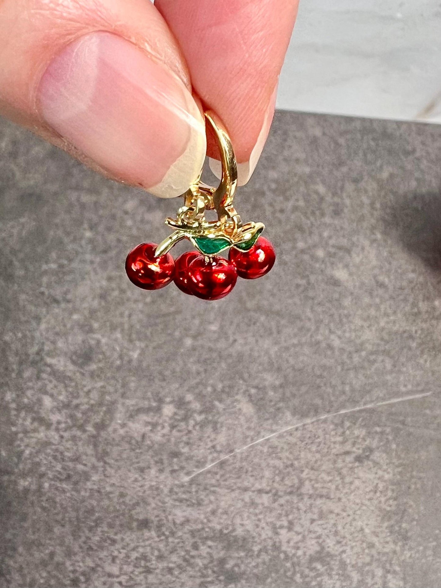 Handmade Dainty Gold Cherry Charm Huggie Earrings, Cute Fruit Earrings, Summer Fun Earrings - Jade Bear Gems