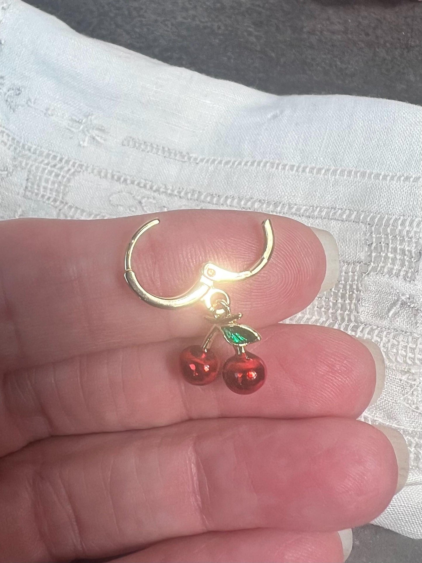 Handmade Dainty Gold Cherry Charm Huggie Earrings, Cute Fruit Earrings, Summer Fun Earrings - Jade Bear Gems