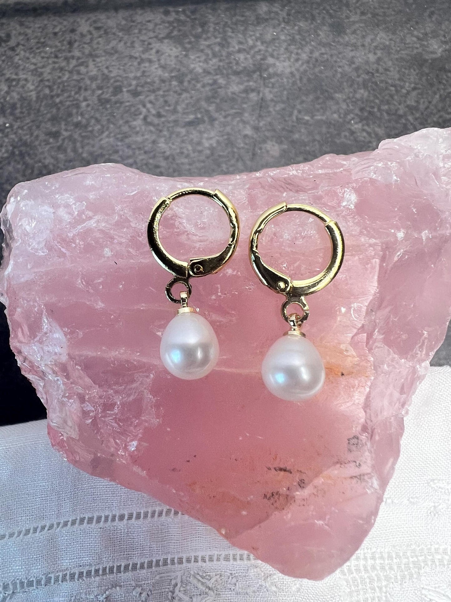 Pearl Hoops, Dangling Pearl Earrings, Gold Huggie Earrings, Bridal Jewelry - Jade Bear Gems