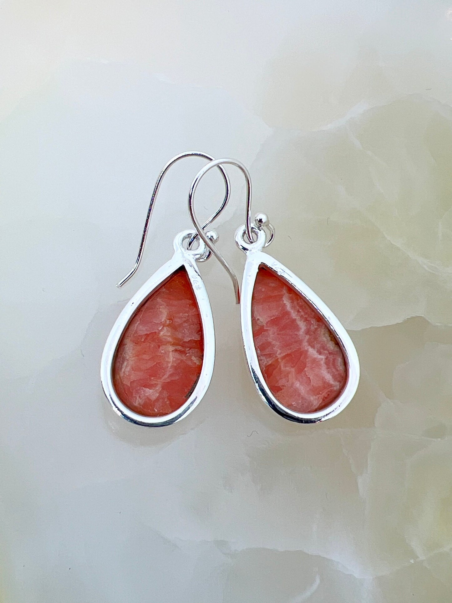 Rhodochrosite dangle earrings, gemstone sterling silver earrings, teardrop earrings, self love jewelry, gift for her - Jade Bear Gems