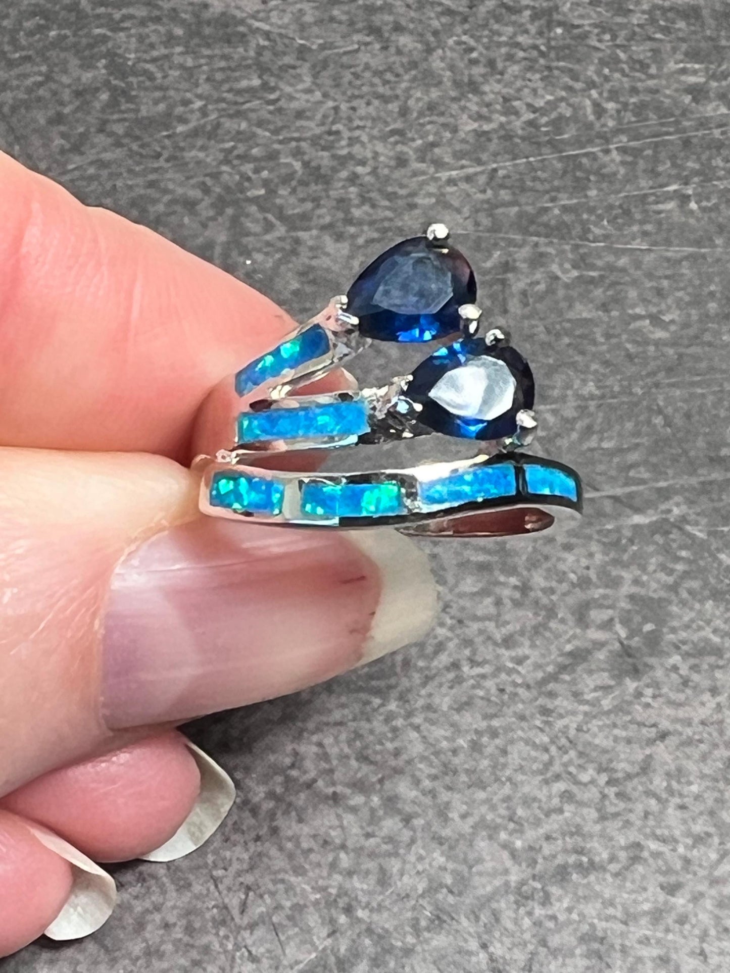 Sapphires and Blue Fire Opal Ring - Sterling Silver Ring - Pear Shaped Sapphires - Gift for Her - Jade Bear Gems