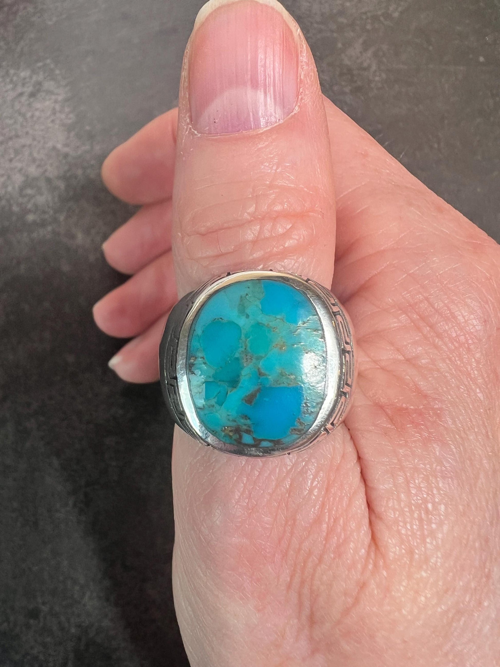 Men's Turquoise Ring, Sterling Silver Turquoise Stone Ring, Gemstone Ring for Men - Jade Bear Gems 