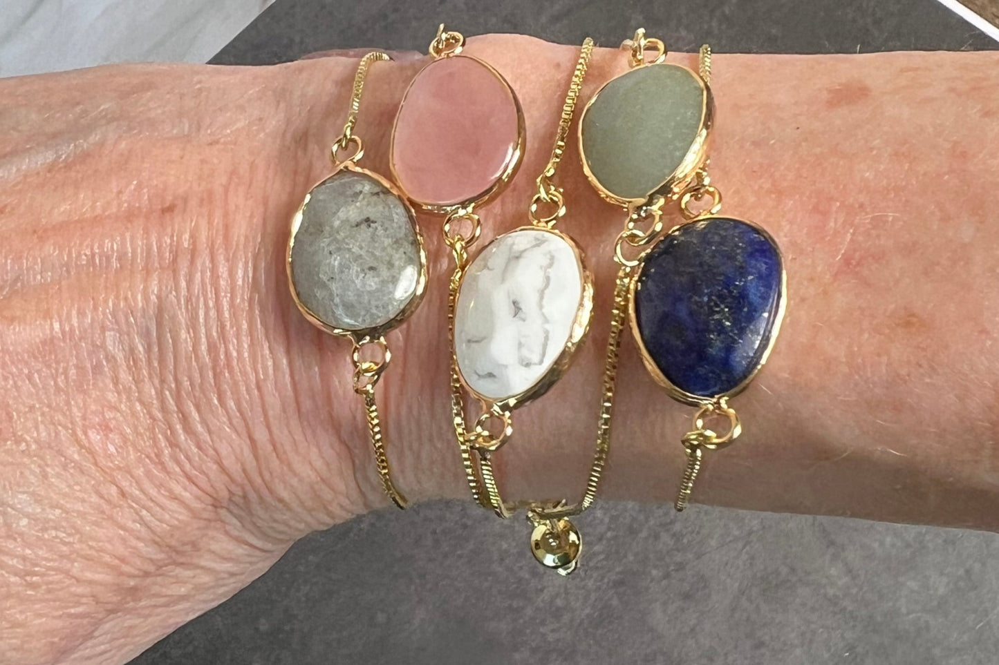 Gold Gemstone Bracelet, Adjustable Natural Gemstone Bracelet, Slider Bracelet, Layering Bracelet