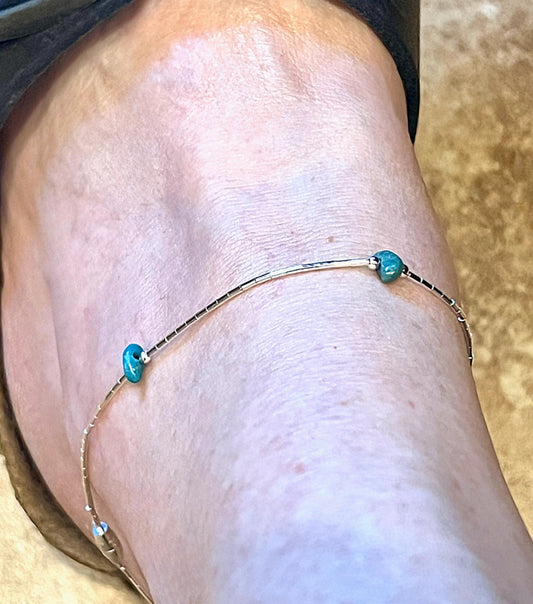 Handcrafted Liquid Silver Turquoise Nugget Beaded Anklet - 9.5 inches - Turquoise Ankle Bracelet - Jade Bear Gems 