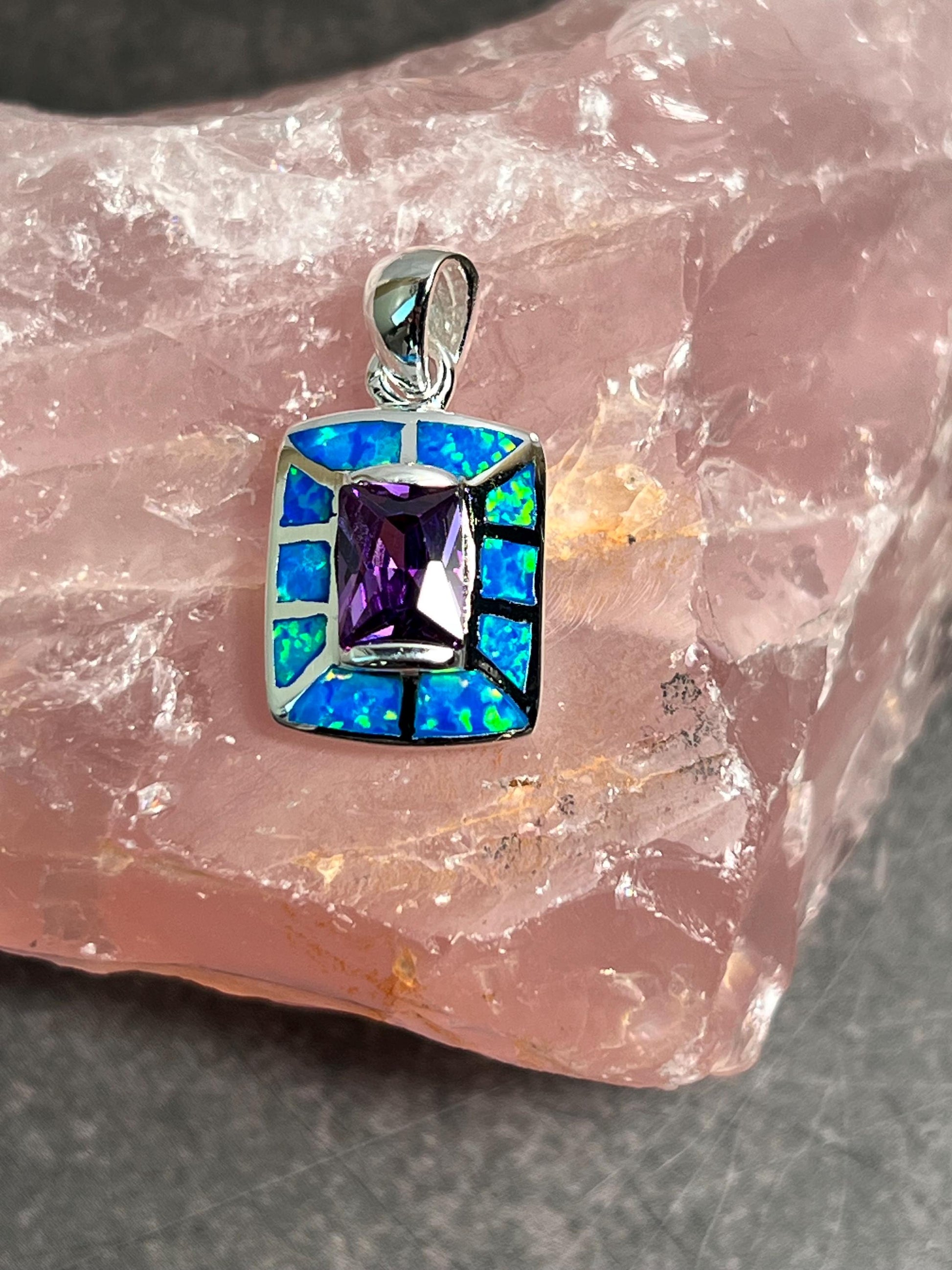 Amethyst and Fire Opal inlay 925 Sterling Silver Pendant - Different Styles to Choose From - Gift for Her - Jade Bear Gems