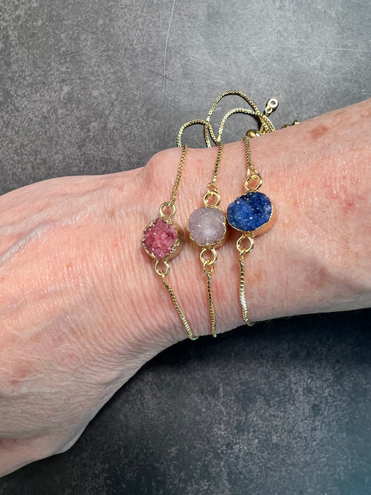 Dainty Minimalist Gold Plated Druzy Bracelet, Gold Slider Bracelet, Layering Bracelet, Adjustable Agate Bracelet