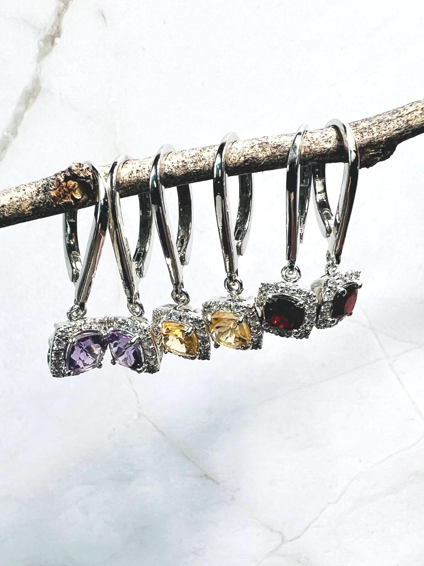 Amethyst, Citrine or Garnet Dangle Earrings in 925 Sterling Silver with Leverback, Lever Back closing, Genuine and Natural Gemstones - Jade Bear Gems 