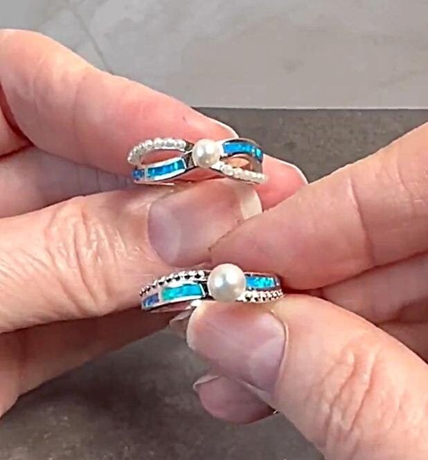 Blue Fire Opal Inlay Pearl Ring, Dainty Pearl Solitaire Ring, Minimalist Sterling Silver Jewelry - Jade Bear Gems 
