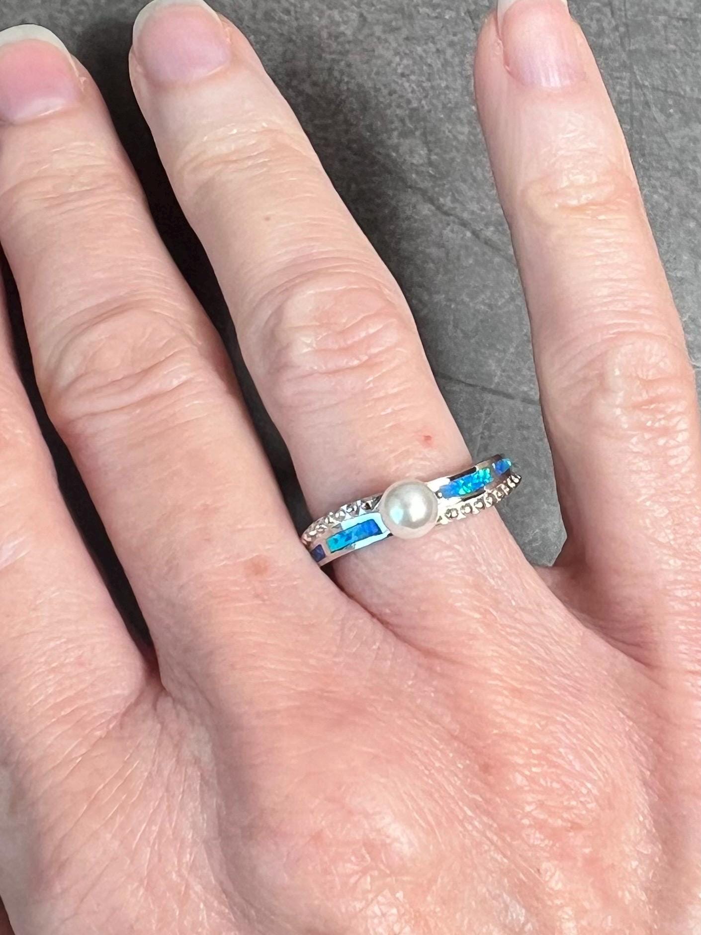 Blue Fire Opal Inlay Pearl Ring, Dainty Pearl Solitaire Ring, Minimalist Sterling Silver Jewelry - Jade Bear Gems 