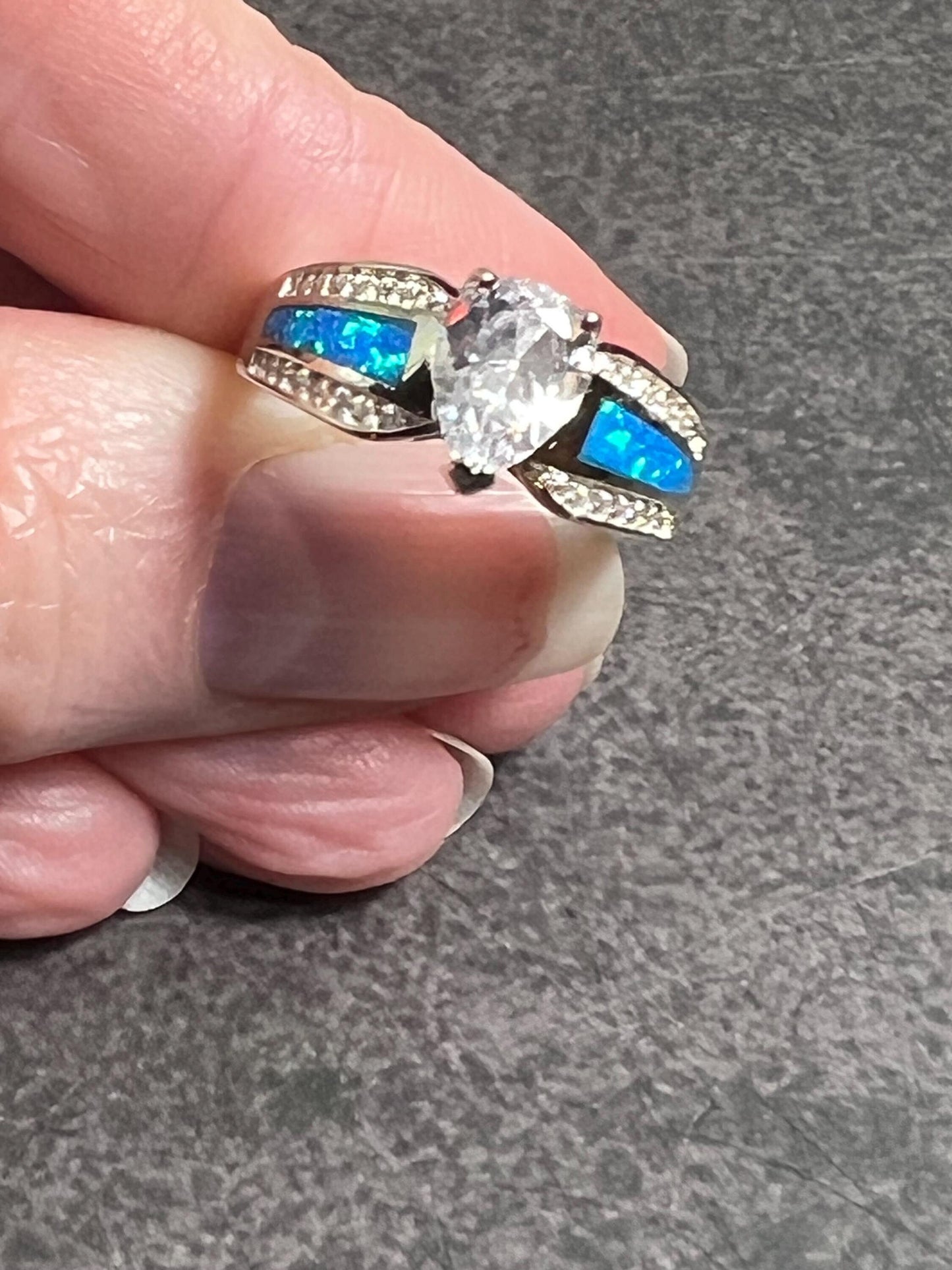 Blue Fire Opal Inlay & White Topaz Solitaire Sterling Silver Ring • Gemstone Jewelry • Engagement Ring • Gift for Her • Anniversary - Jade Bear Gems 