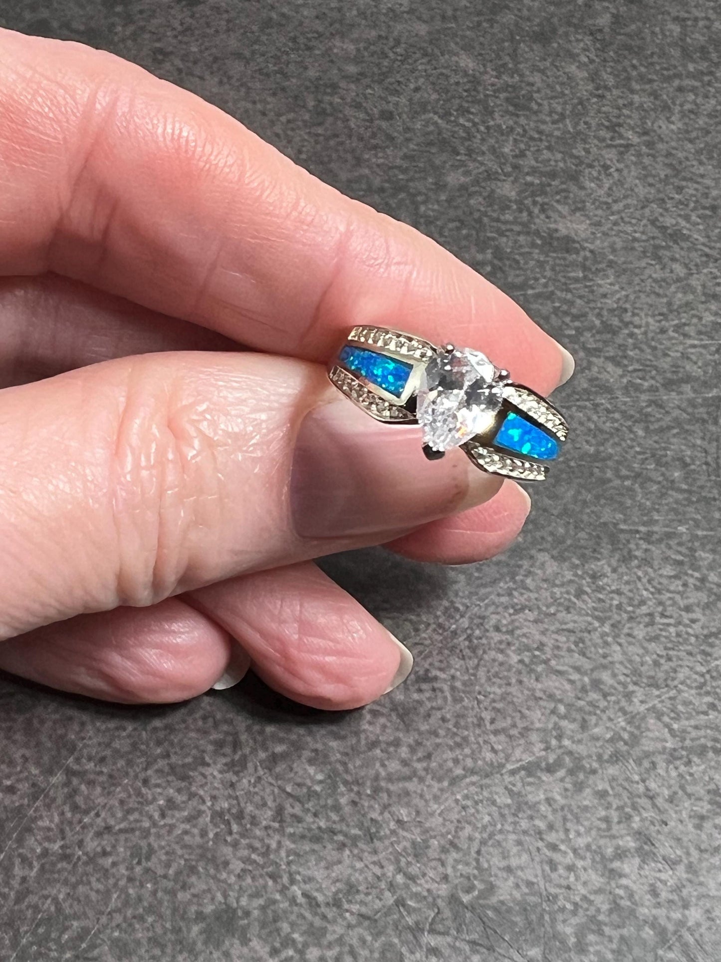 Blue Fire Opal Inlay & White Topaz Solitaire Sterling Silver Ring • Gemstone Jewelry • Engagement Ring • Gift for Her • Anniversary - Jade Bear Gems 