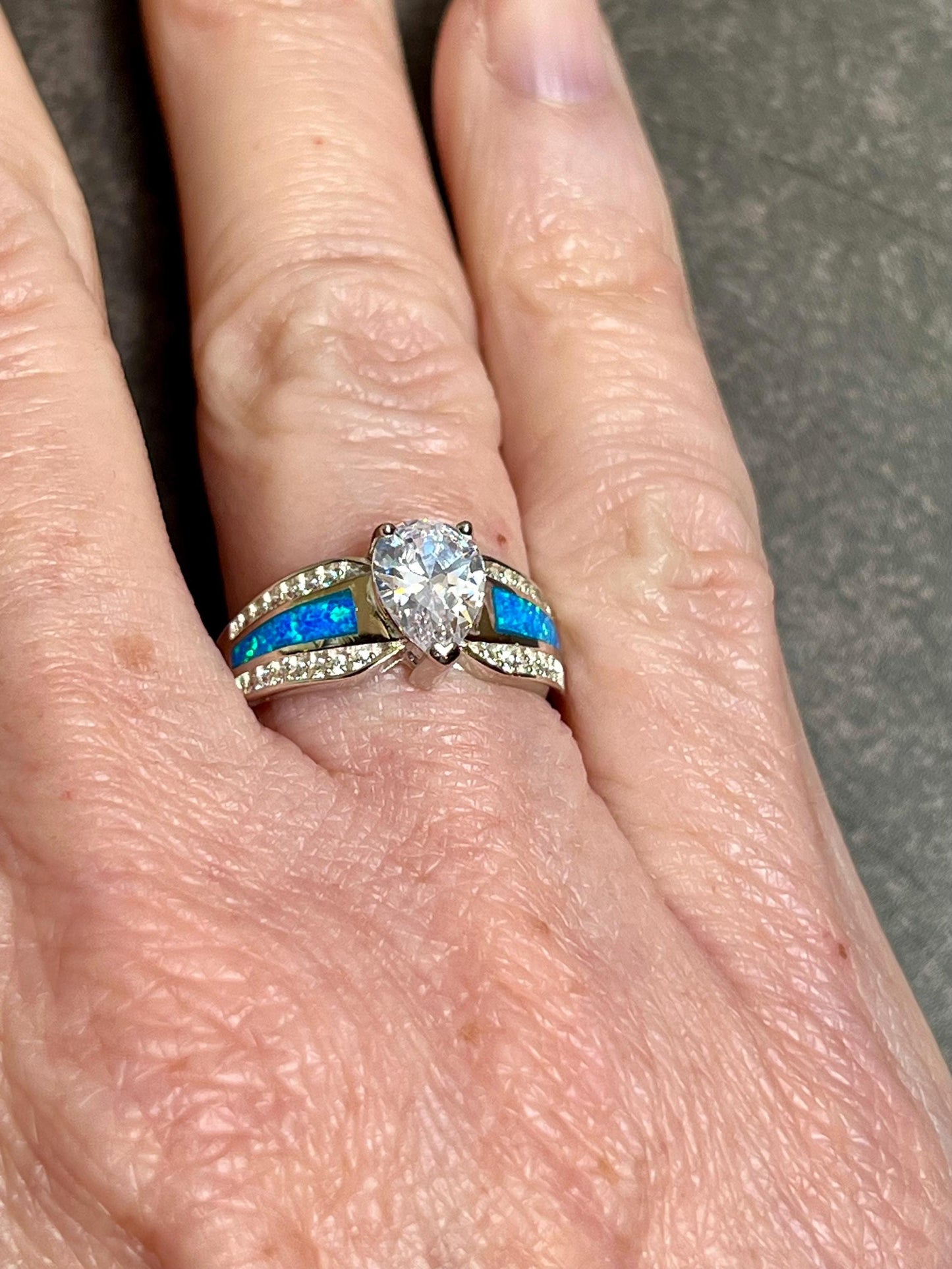 Blue Fire Opal Inlay & White Topaz Solitaire Sterling Silver Ring • Gemstone Jewelry • Engagement Ring • Gift for Her • Anniversary - Jade Bear Gems 