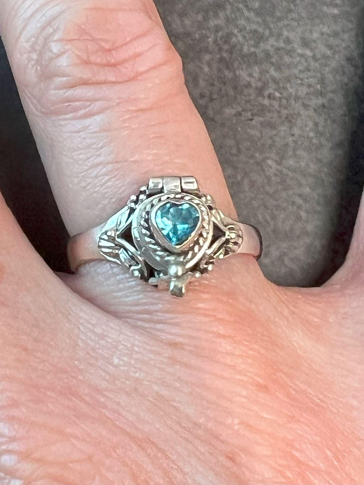 Blue Topaz Poison Ring, Vintage Poison Ring, Openable Ring, Silver Box Ring, Secret Ring, Poisoner Ring, 925 Sterling Silver, Heart Shaped - Jade Bear Gems 