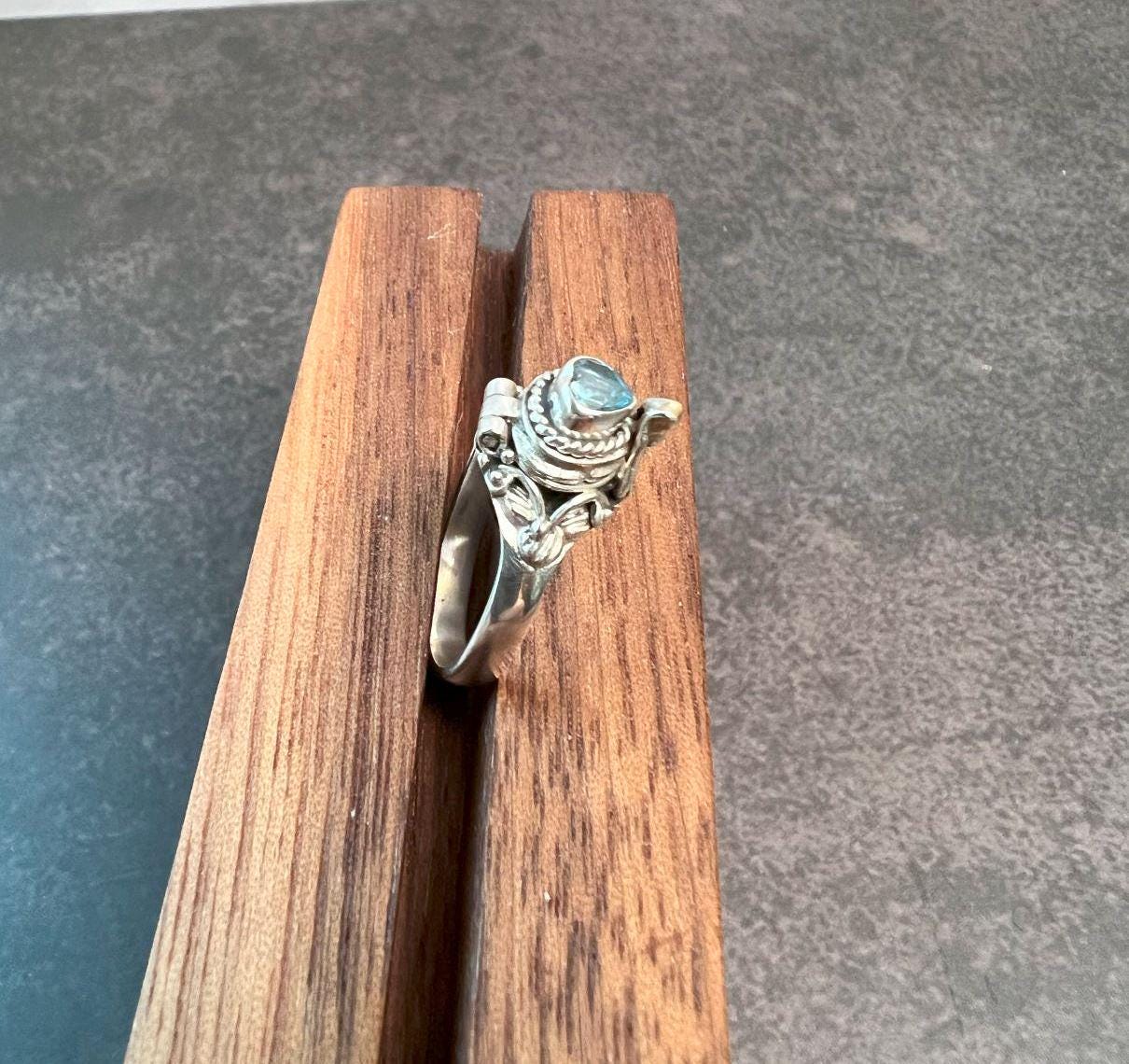 Blue Topaz Poison Ring, Vintage Poison Ring, Openable Ring, Silver Box Ring, Secret Ring, Poisoner Ring, 925 Sterling Silver, Heart Shaped - Jade Bear Gems 