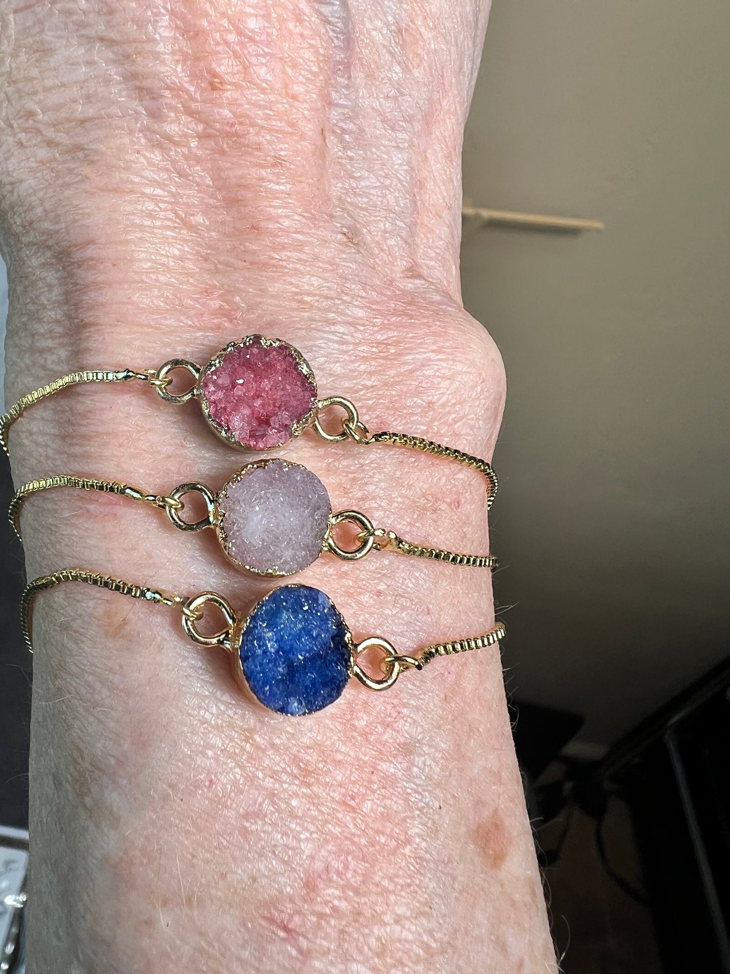 Dainty Minimalist Gold Plated Druzy Bracelet, Gold Slider Bracelet, Layering Bracelet, Adjustable Agate Bracelet