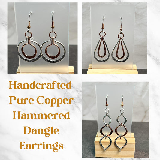 Copper Dangle Earrings, Copper Hoops, Hypoallergenic Surgical Steel Ear Wires, Multiple Designs, Hammered Copper Earrings - Jade Bear Gems 