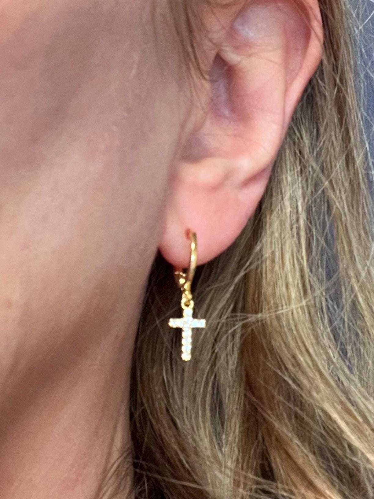 Cross Huggie Hoops, Cross Earrings, Cross Hoop Earrings, Hoop with Cross, Charm Hoop Earrings, Gold Hoop Earrings, Dainty Hoop Earrings - Jade Bear Gems 