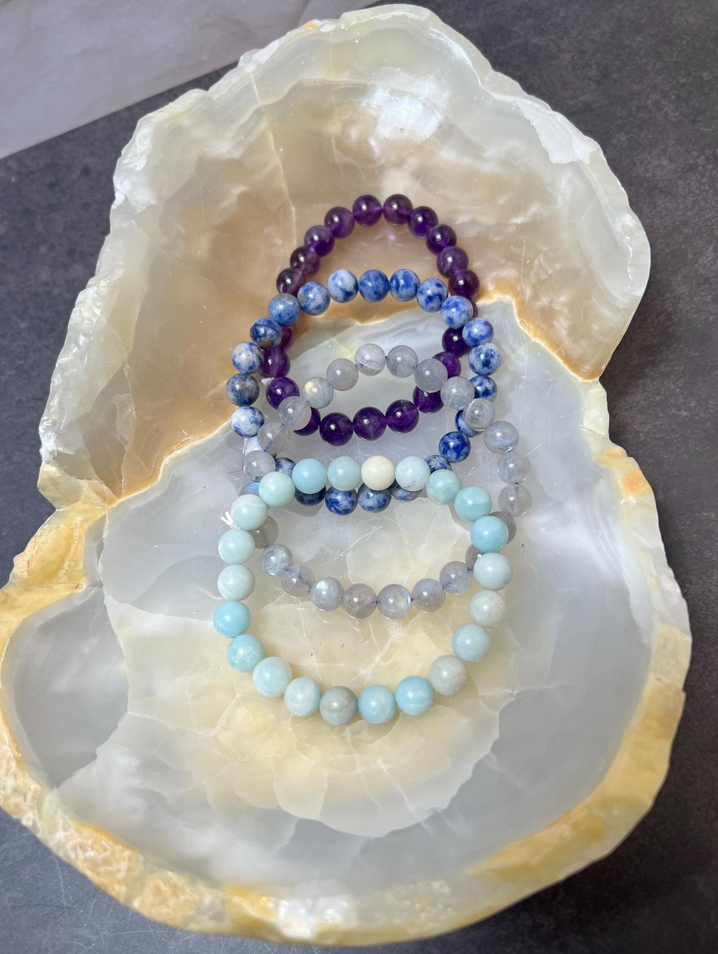 Crystal Beaded Bracelet, Minimalist Bracelet, Unisex Stretchy Bracelet, Crystal Bracelet, Amazonite, Amethyst, Labradorite, Sodalite - Jade Bear Gems 