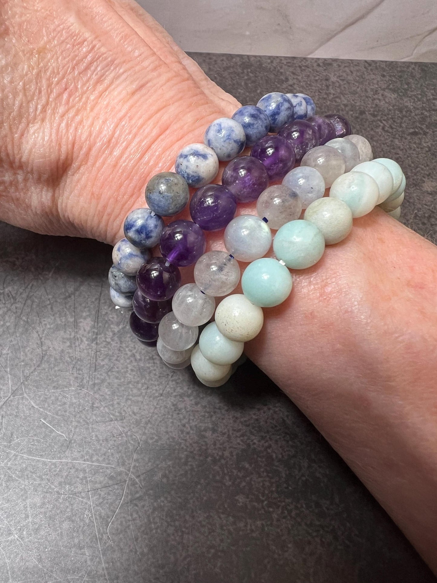 Crystal Beaded Bracelet, Minimalist Bracelet, Unisex Stretchy Bracelet, Crystal Bracelet, Amazonite, Amethyst, Labradorite, Sodalite - Jade Bear Gems 