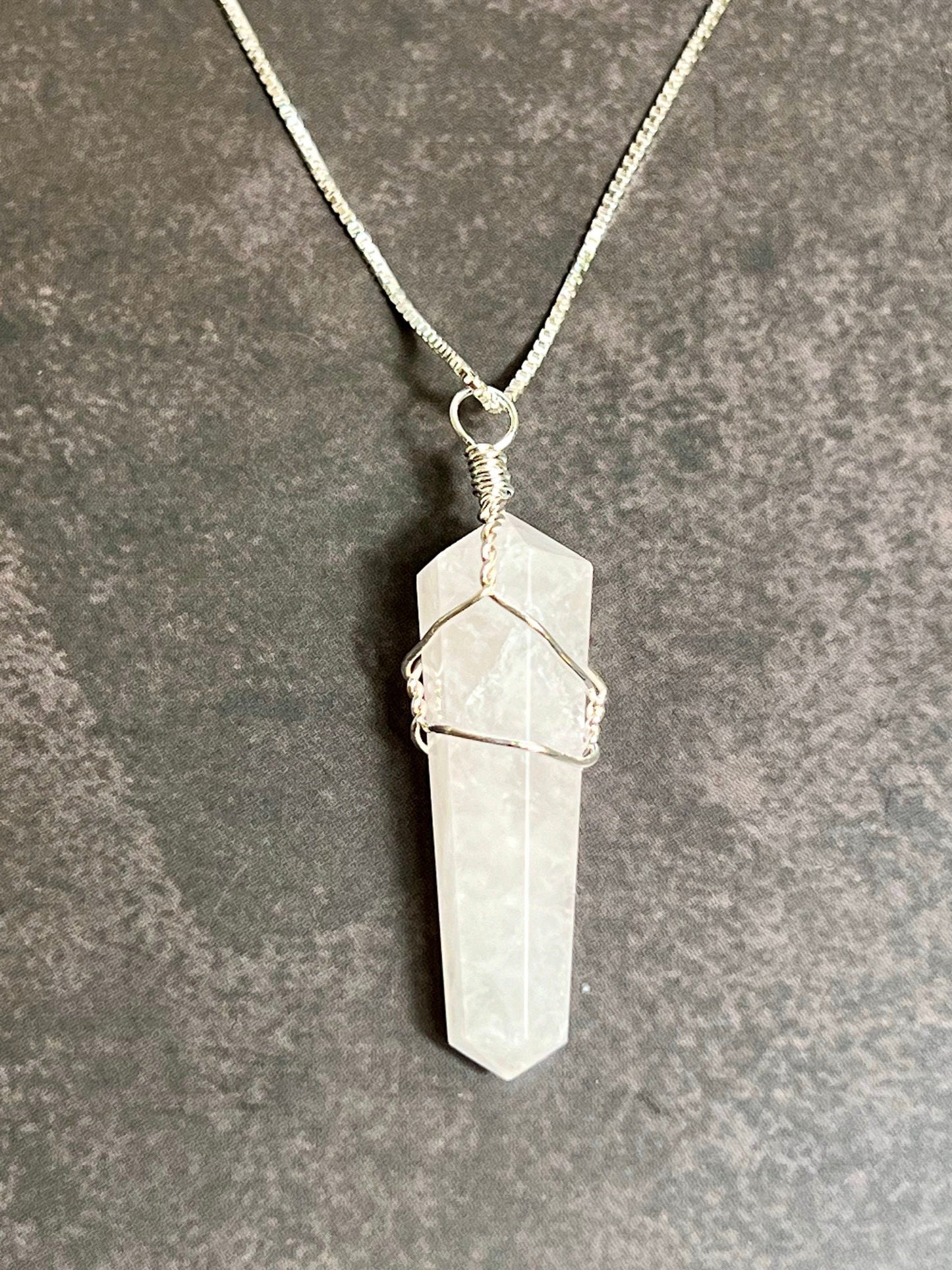 Crystal Necklace Silver Wire Wrap Rose Quartz Necklace, Crystal Point Jewelry Pendant, - Jade Bear Gems 
