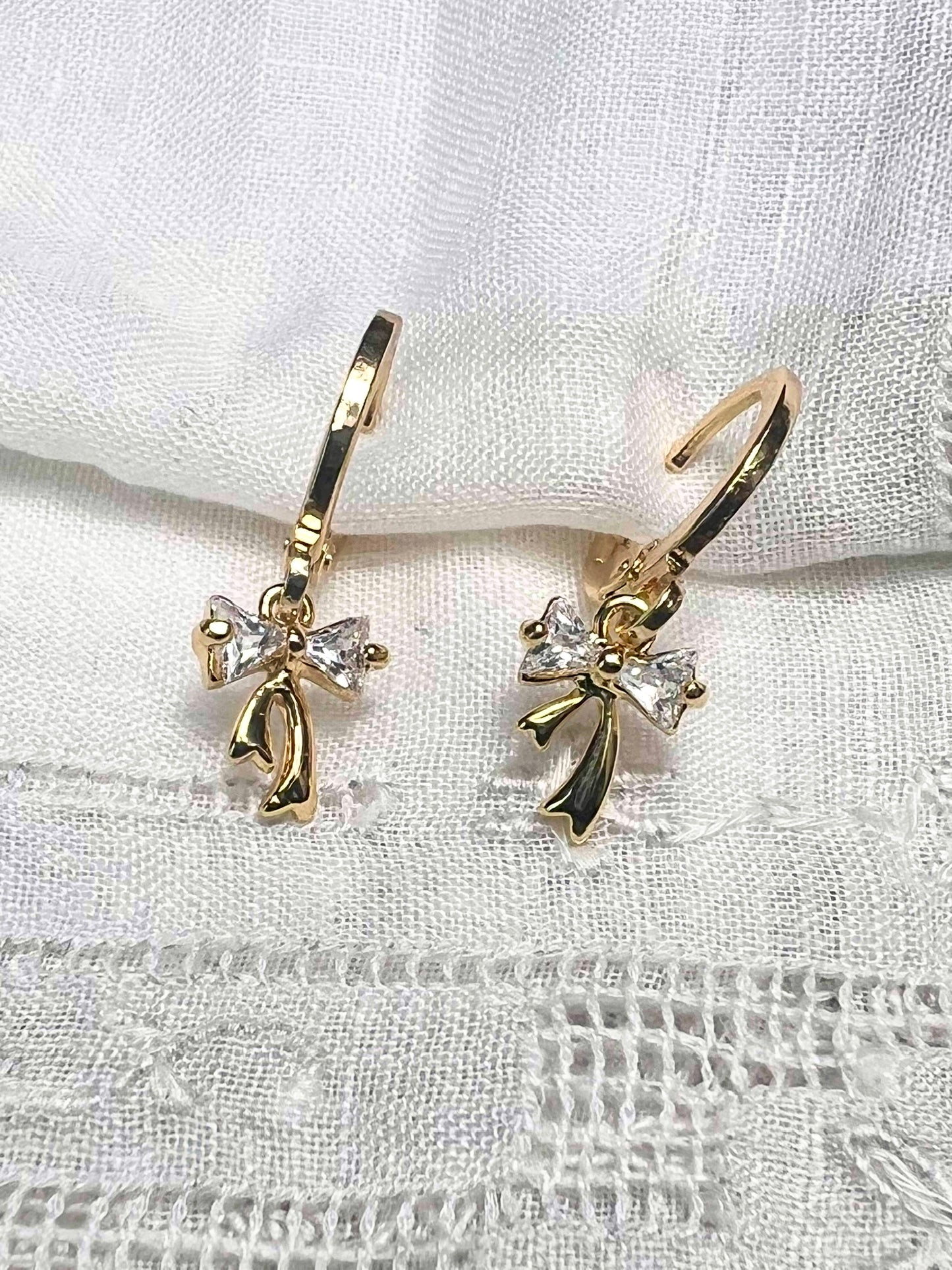 Gold Huggie Earrings with CZ Bow Charms, Dainty Coquette Jewelry, Ribbon Earrings