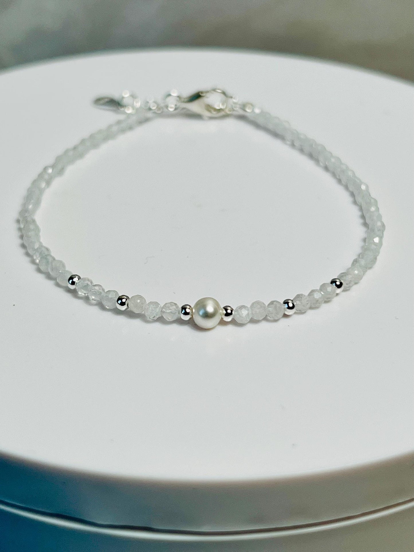 Dainty Gemstone and Freshwater Pearl Bracelet, Sterling Silver, Delicate Birthstones - Jade Bear Gems 
