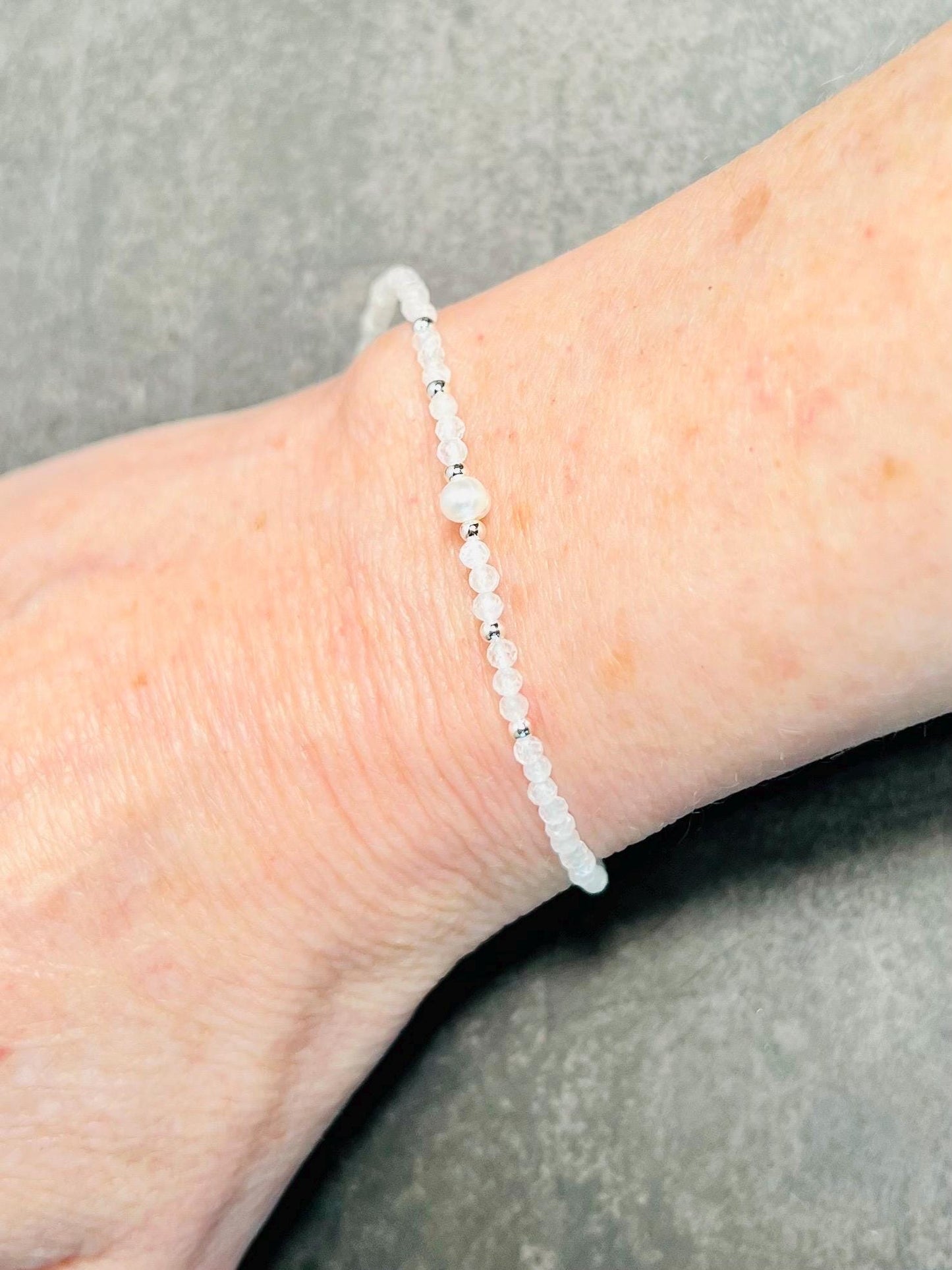 Dainty Gemstone and Freshwater Pearl Bracelet, Sterling Silver, Delicate Birthstones - Jade Bear Gems 