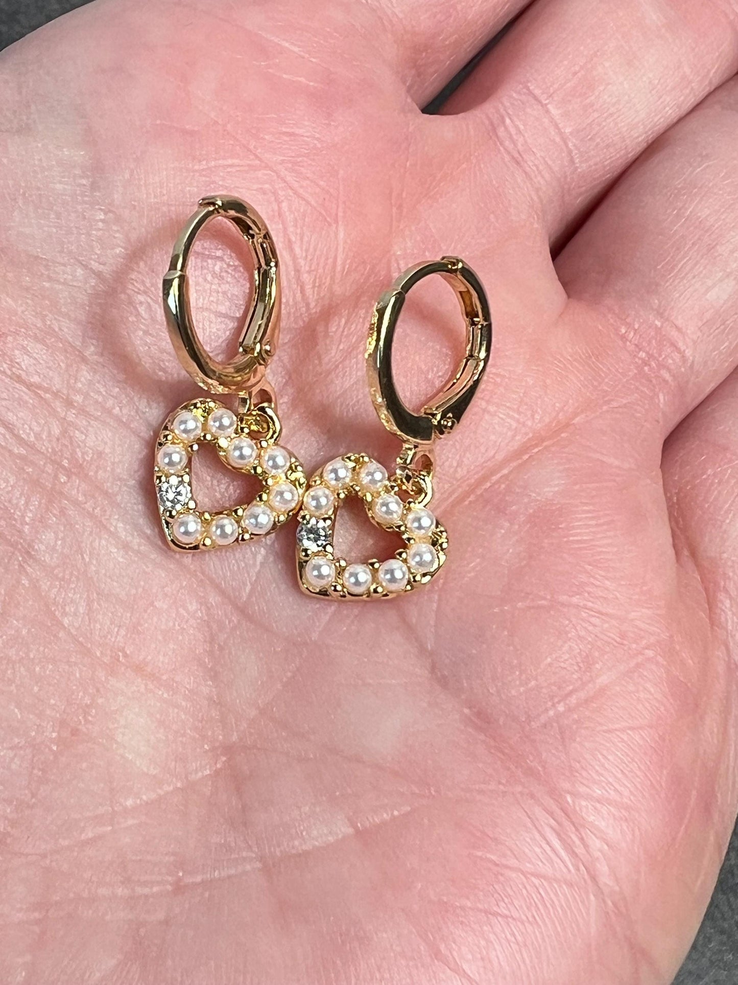 Dainty Pearl Heart Earrings, Gold Heart Hoops, Huggie Earrings, Minimalist Pearl Jewelry - Jade Bear Gems 