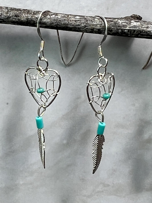 Dreamcatcher Heart Earrings Sterling Silver 925 Feather Southwest Santa Fe Style - Jade Bear Gems 