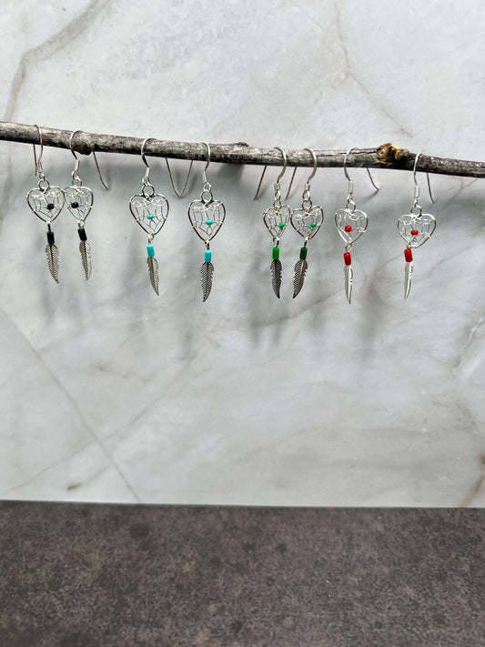Dreamcatcher Heart Earrings Sterling Silver 925 Feather Southwest Santa Fe Style - Jade Bear Gems 