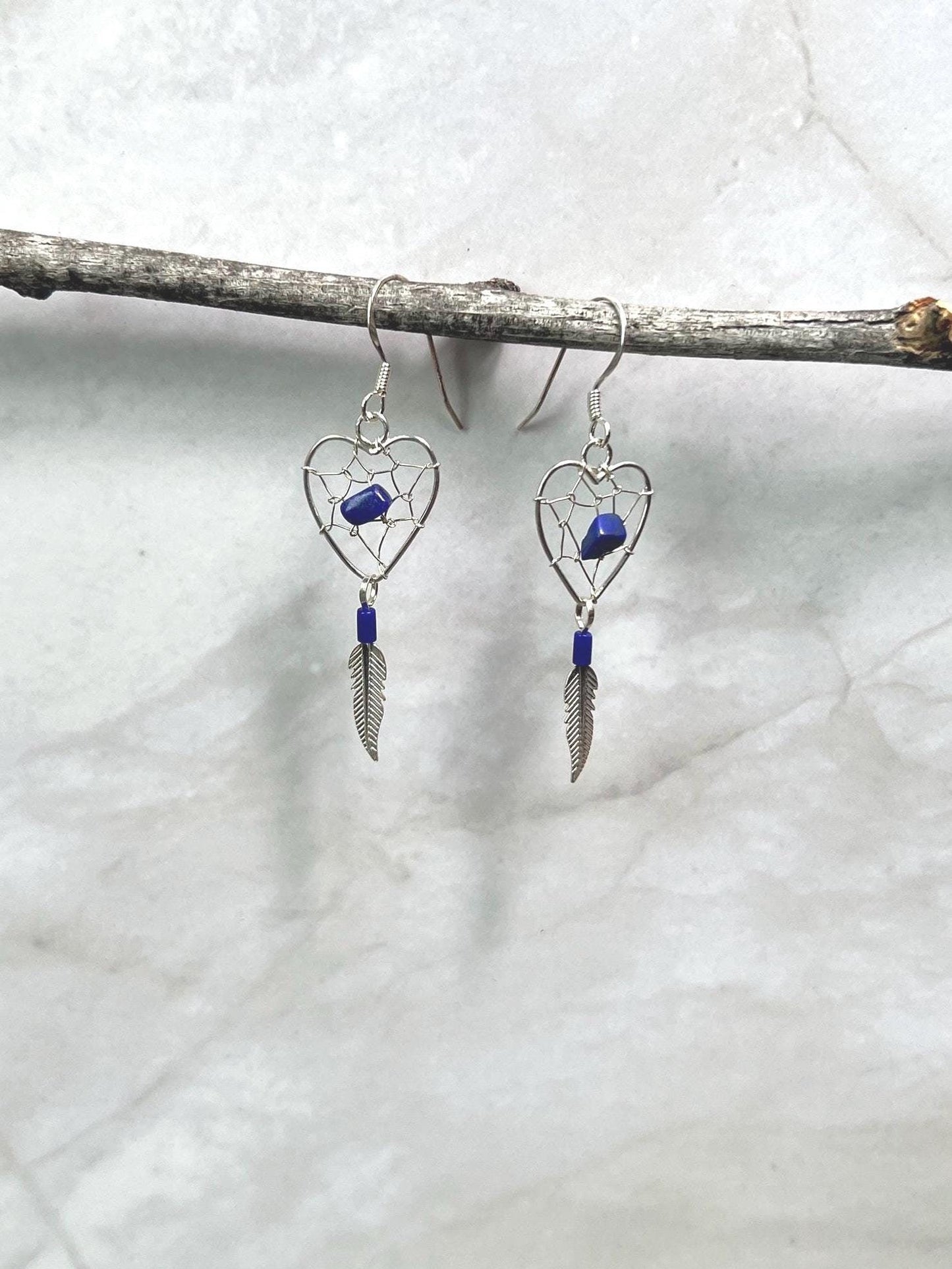 Dreamcatcher Heart Earrings Sterling Silver 925 Feather Southwest Santa Fe Style Sweetheart Girlfriend Gift for Her Lapis - Jade Bear Gems 