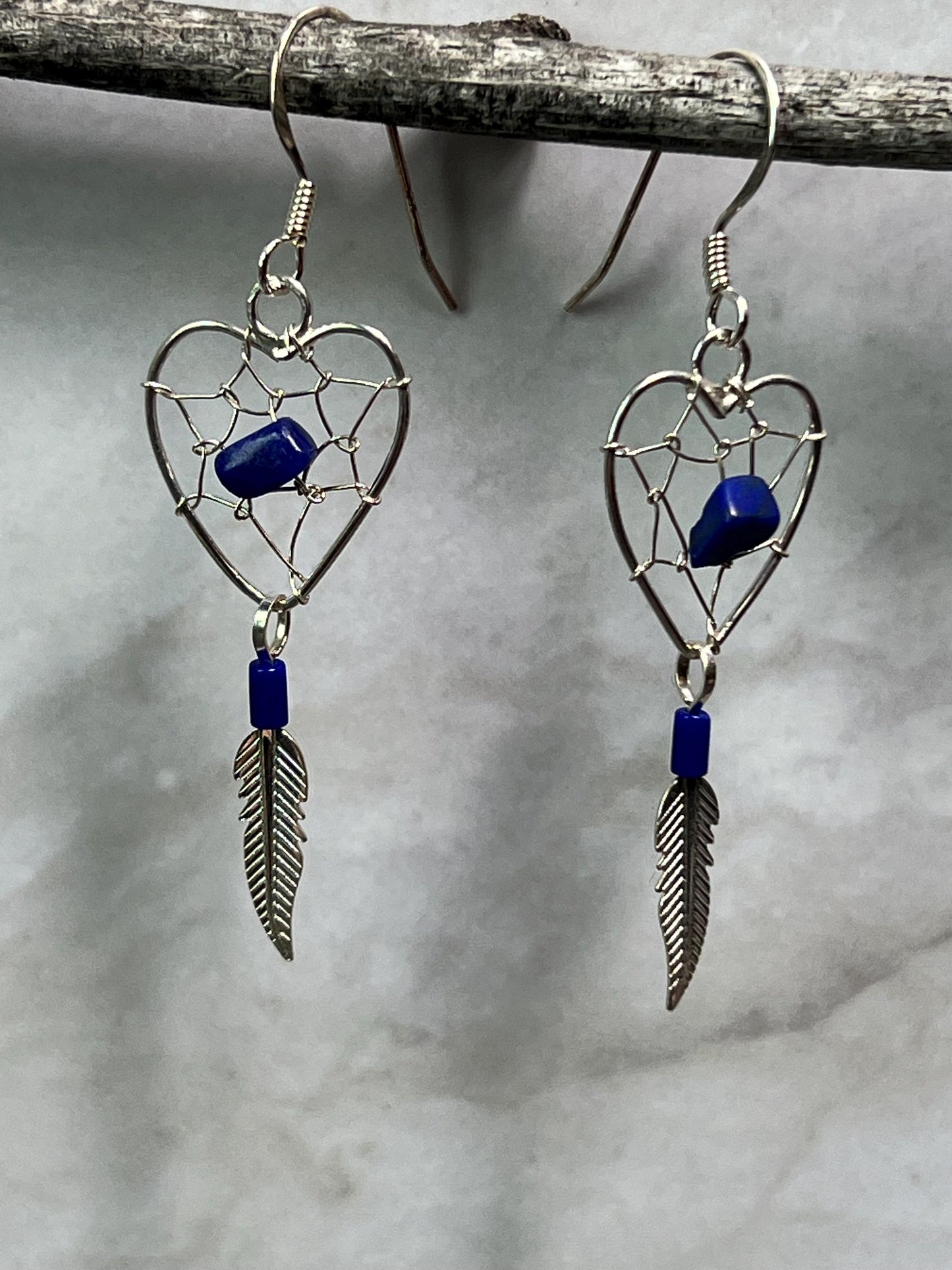 Dreamcatcher Heart Earrings Sterling Silver 925 Feather Southwest Santa Fe Style Sweetheart Girlfriend Gift for Her Lapis - Jade Bear Gems 
