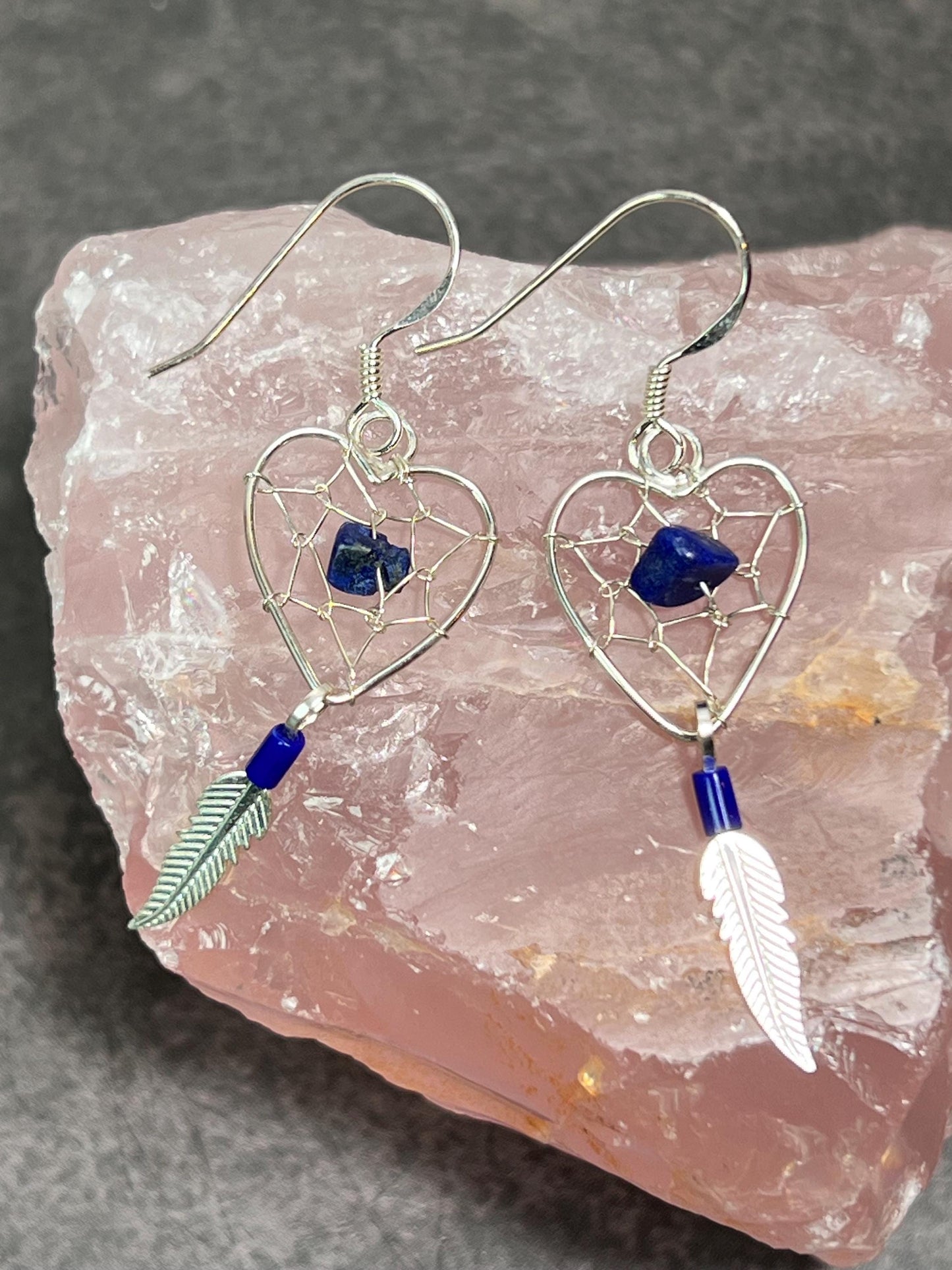 Dreamcatcher Heart Earrings Sterling Silver 925 Feather Southwest Santa Fe Style Sweetheart Girlfriend Gift for Her Lapis - Jade Bear Gems 