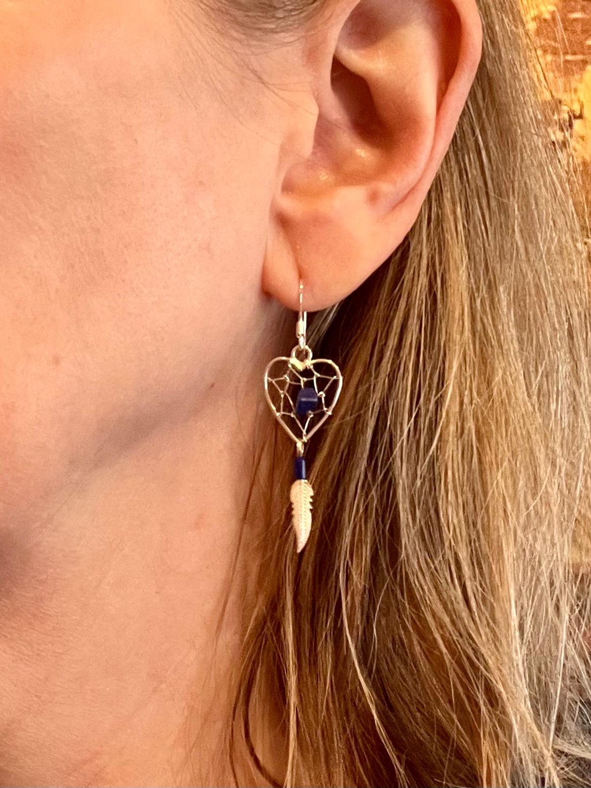 Dreamcatcher Heart Earrings Sterling Silver 925 Feather Southwest Santa Fe Style Sweetheart Girlfriend Gift for Her Lapis - Jade Bear Gems 